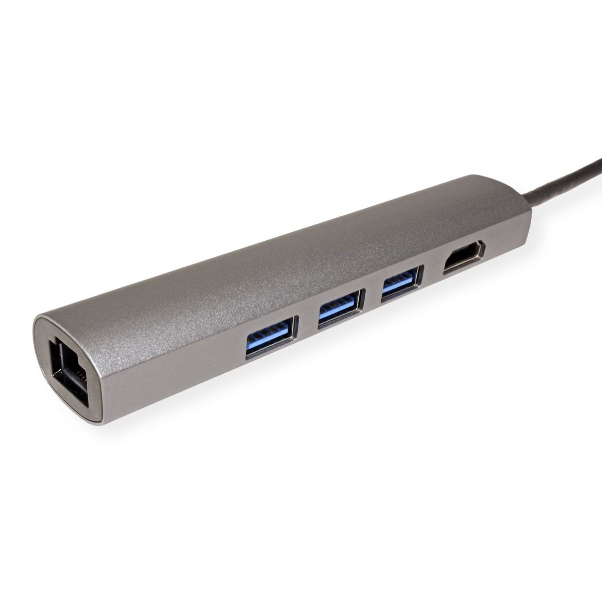 Grauer USB-Hub mit vier USB-Anschlüssen und einem Netzwerkanschluss. Weißer Hintergrund.