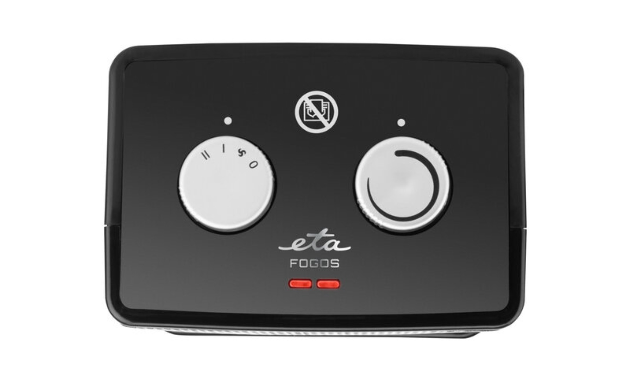 Schwarzer Toaster, Draufsicht, mit Drehreglern und roten Kontrollleuchten.