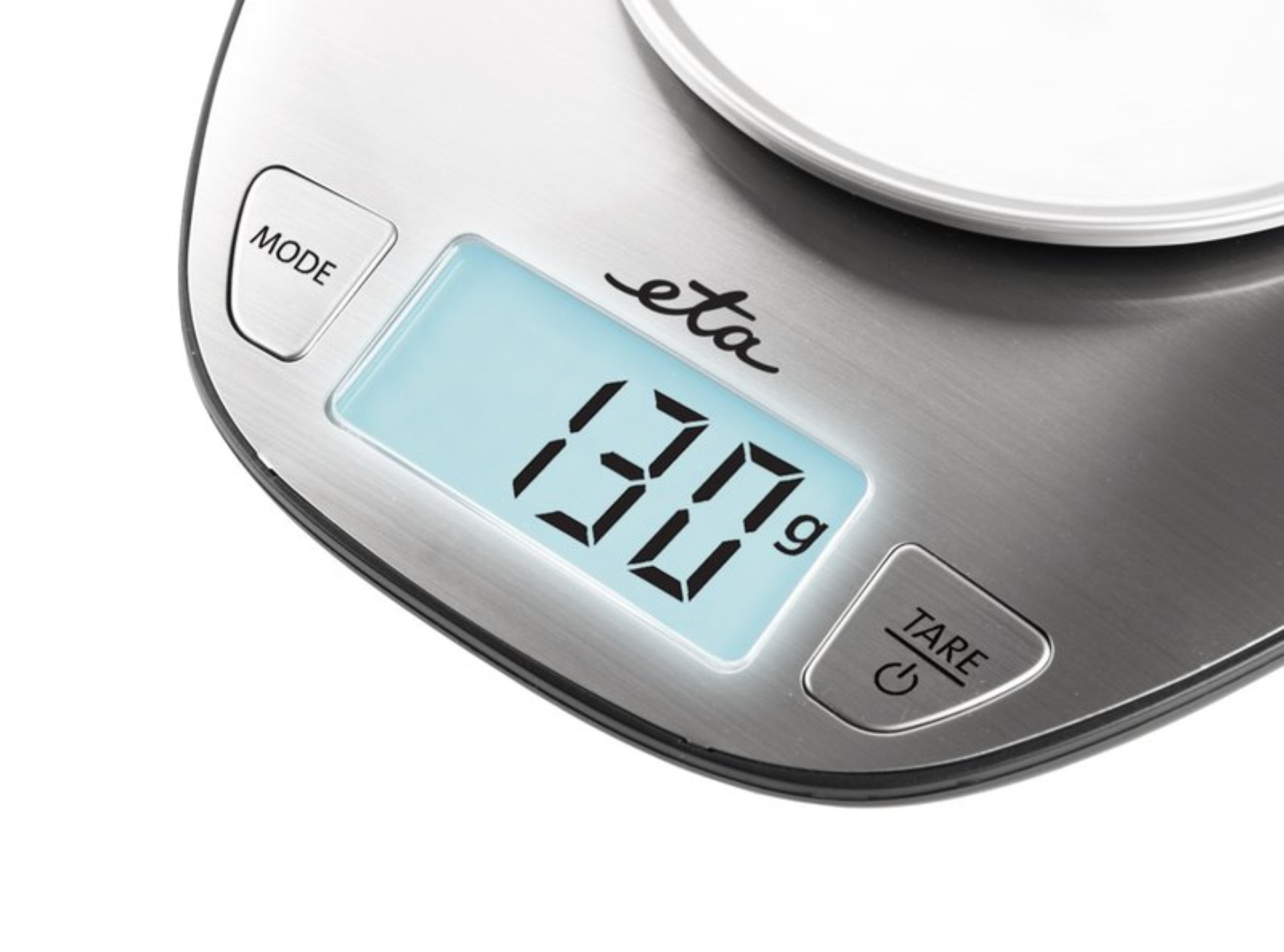 Digitale Küchenwaage, die 130g anzeigt, mit Modus- und Tara-Tasten.