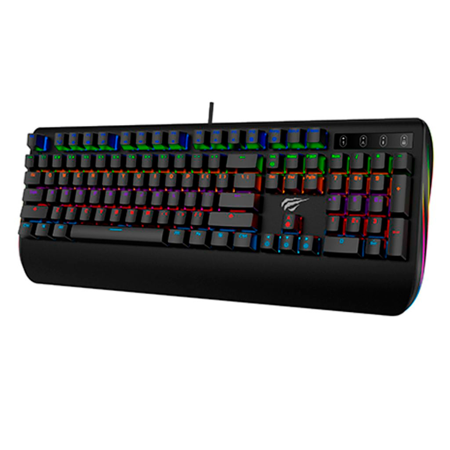 Un teclado para juegos negro con teclas coloridas. Tiene un teclado numérico y una barra de luz.