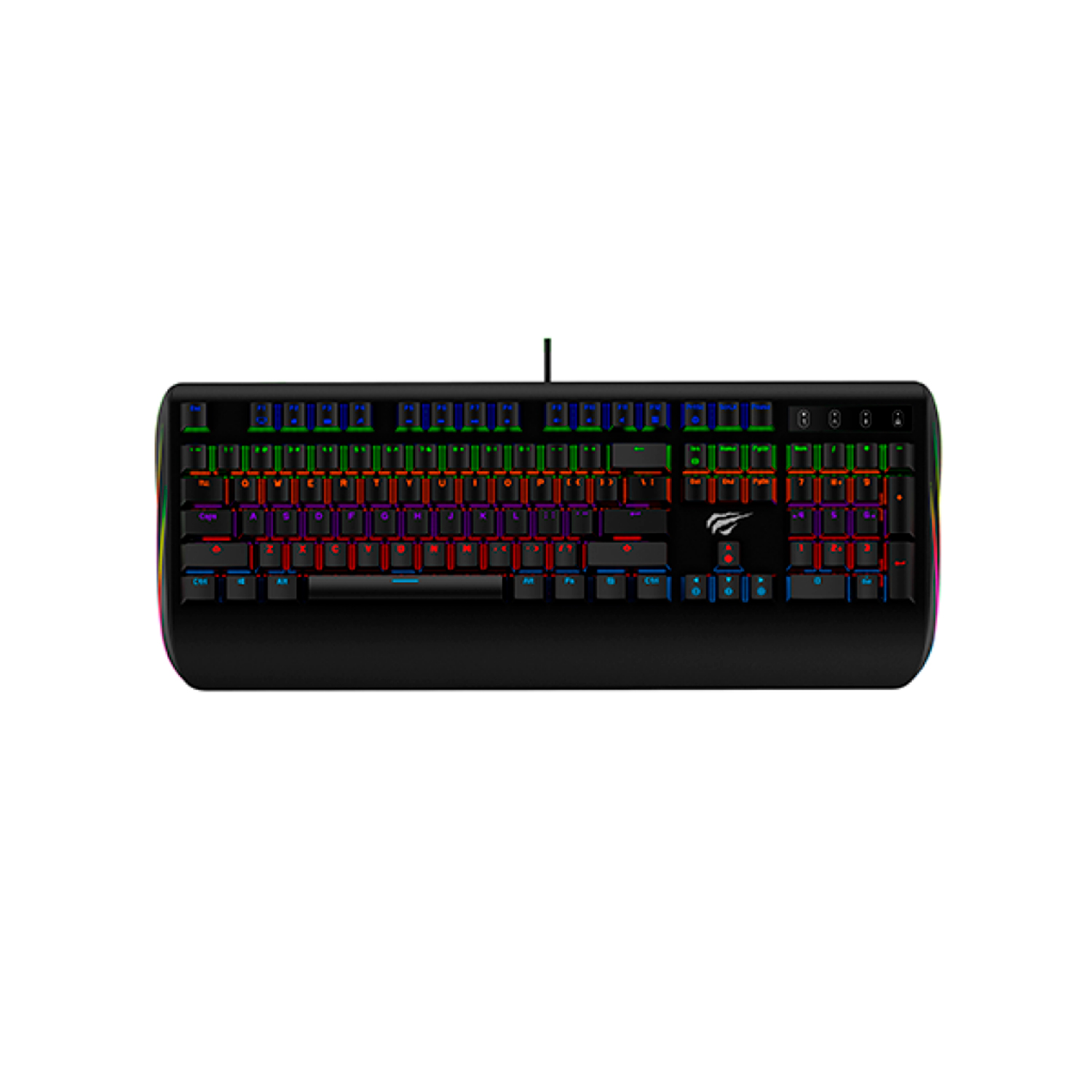 Teclado negro con teclas iluminadas multicolor, sobre fondo blanco.