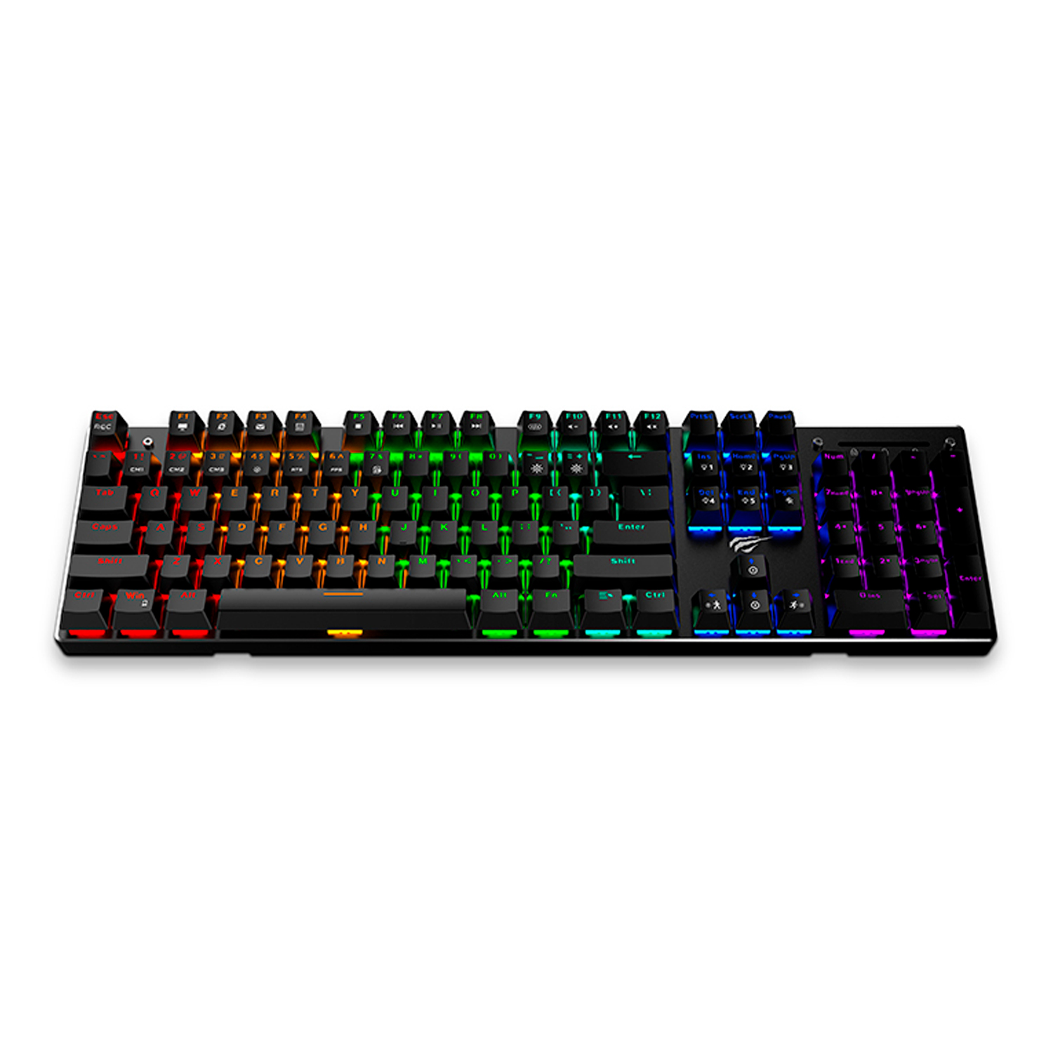 Teclado gaming negro con luces LED multicolores debajo de las teclas.