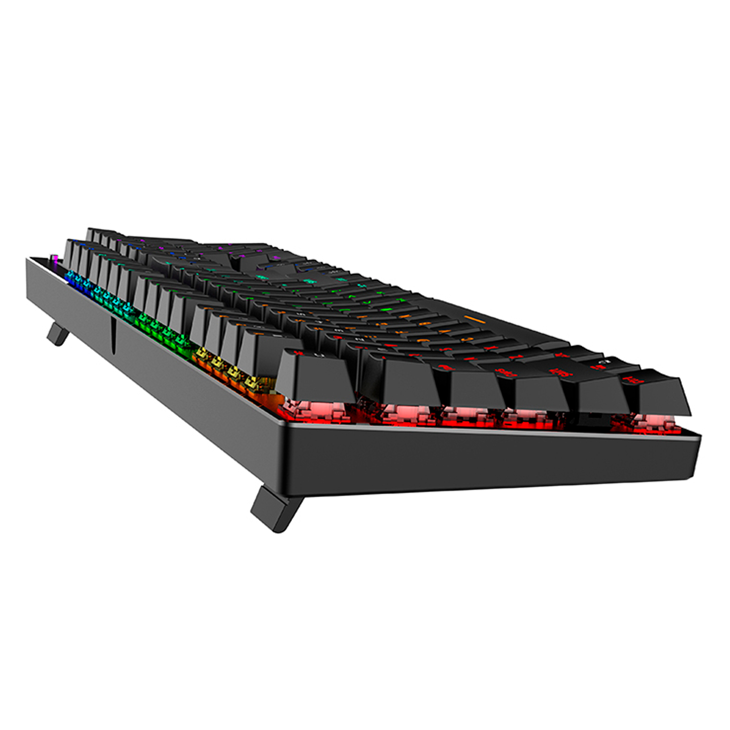 Teclado mecánico negro con teclas iluminadas. Vista en ángulo sobre fondo blanco.