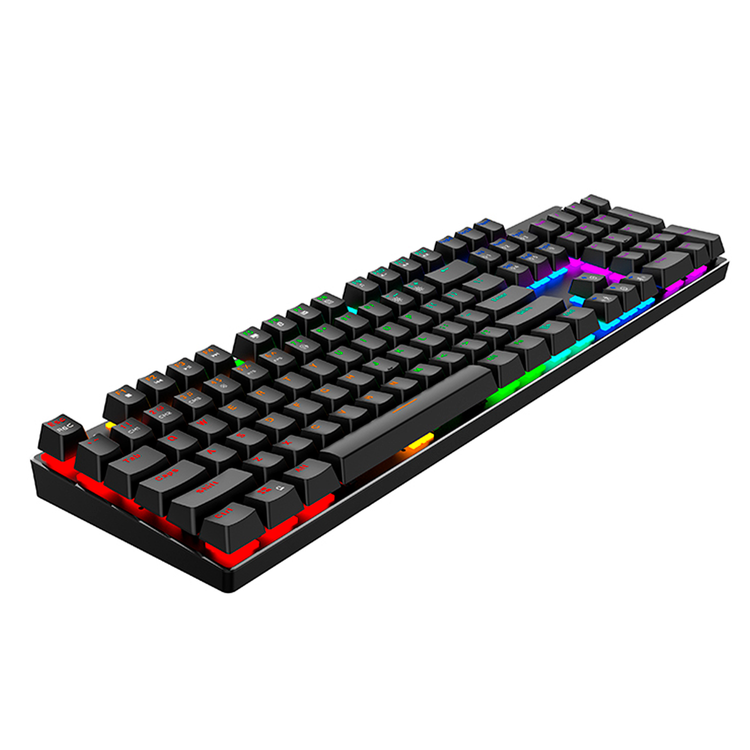 Un teclado mecánico negro con iluminación colorida, teclas negras y un fondo blanco.