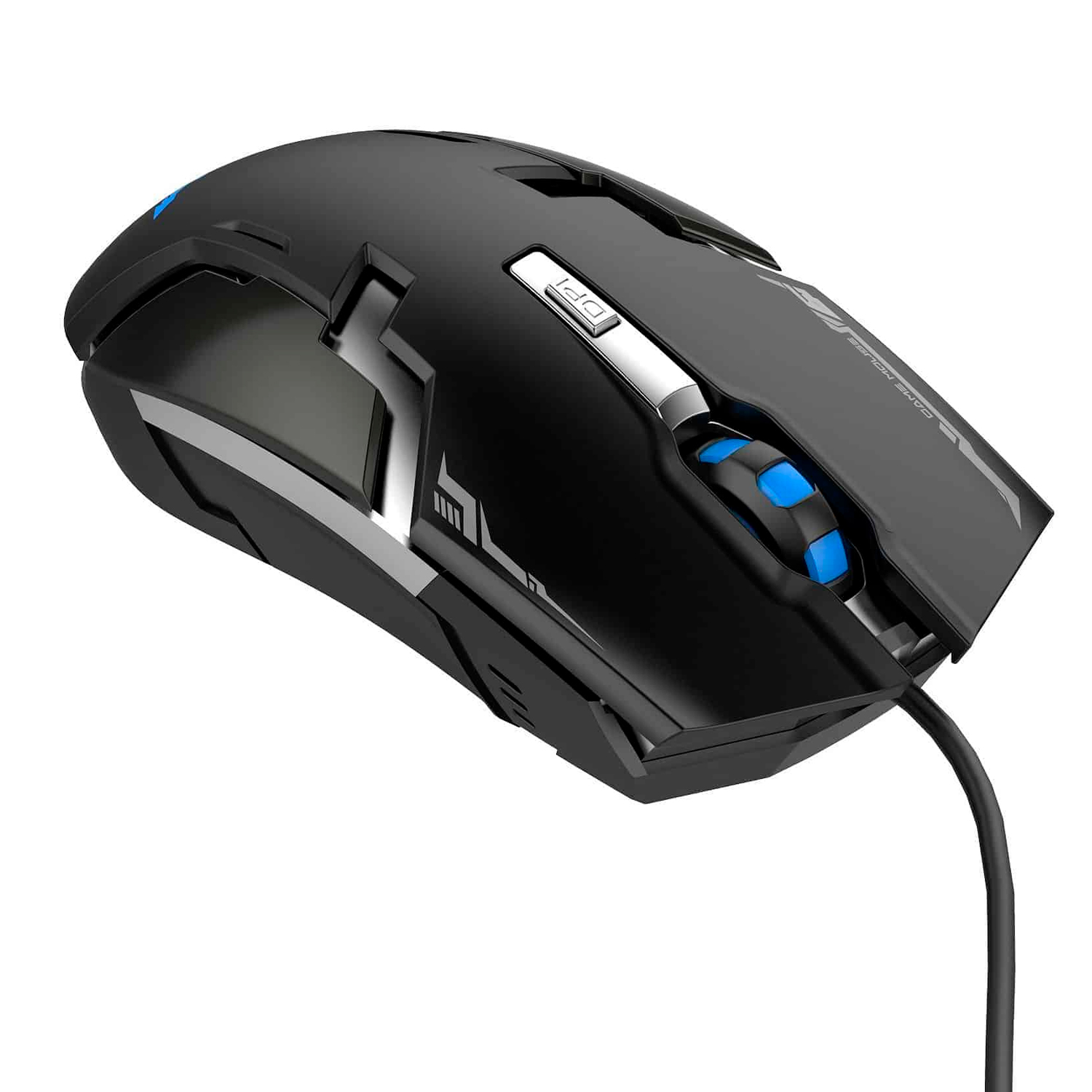 Un ratón gaming negro con rueda de desplazamiento azul y botón DPI azul, cable adjunto.