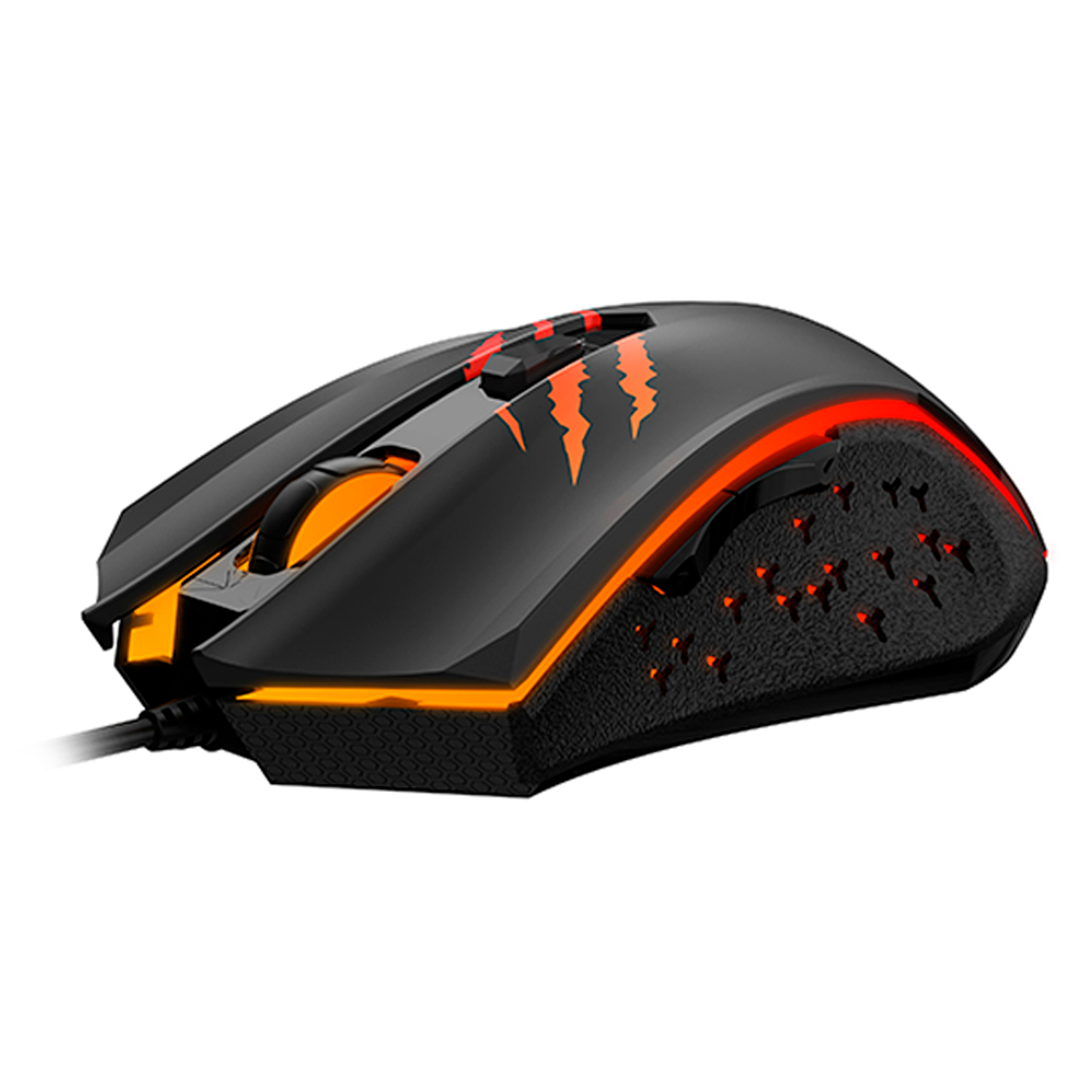 Zwarte gamingmuis met oranje accenten en een klauwontwerp. Heeft knoppen en een scrollwiel.
