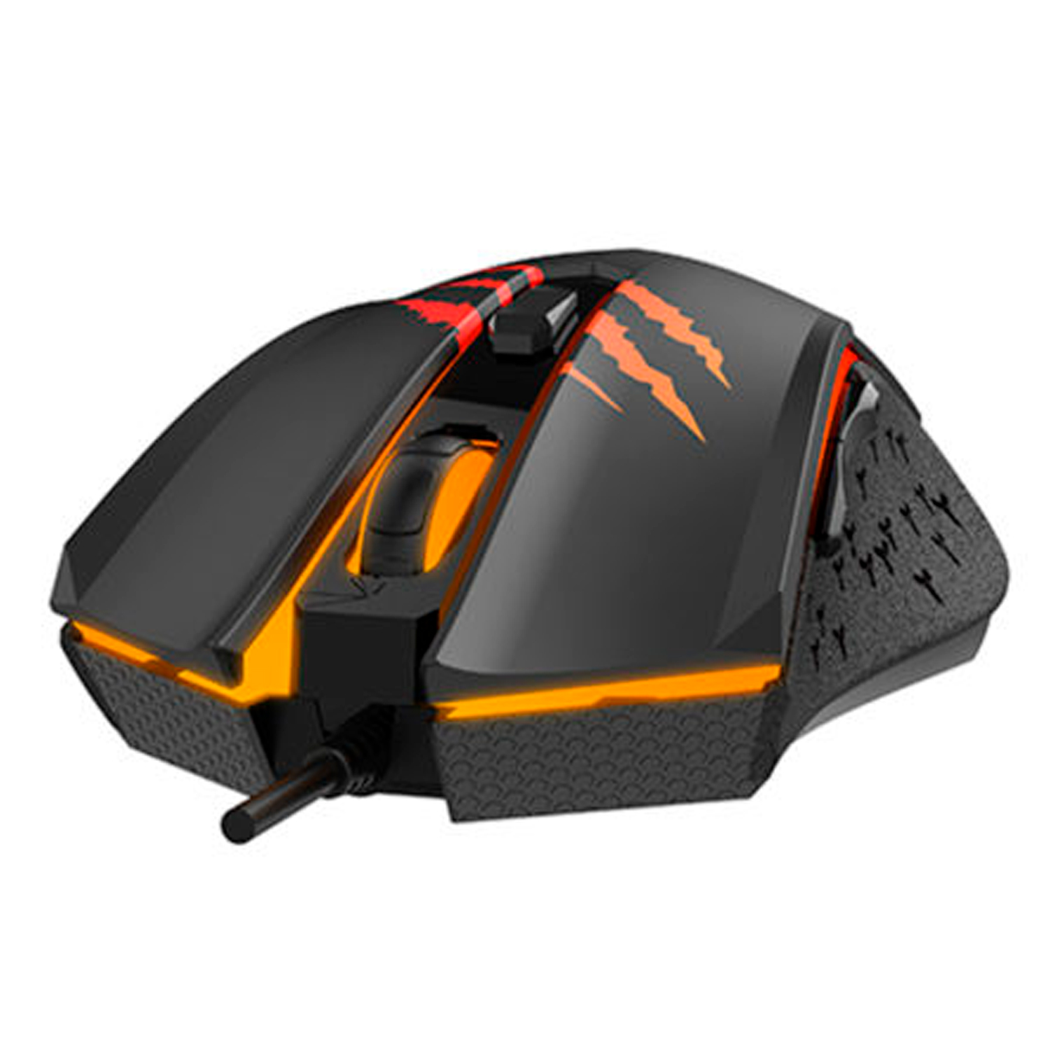 Zwarte gamingmuis met oranje accenten en een klauwachtig ontwerp aan de bovenkant.