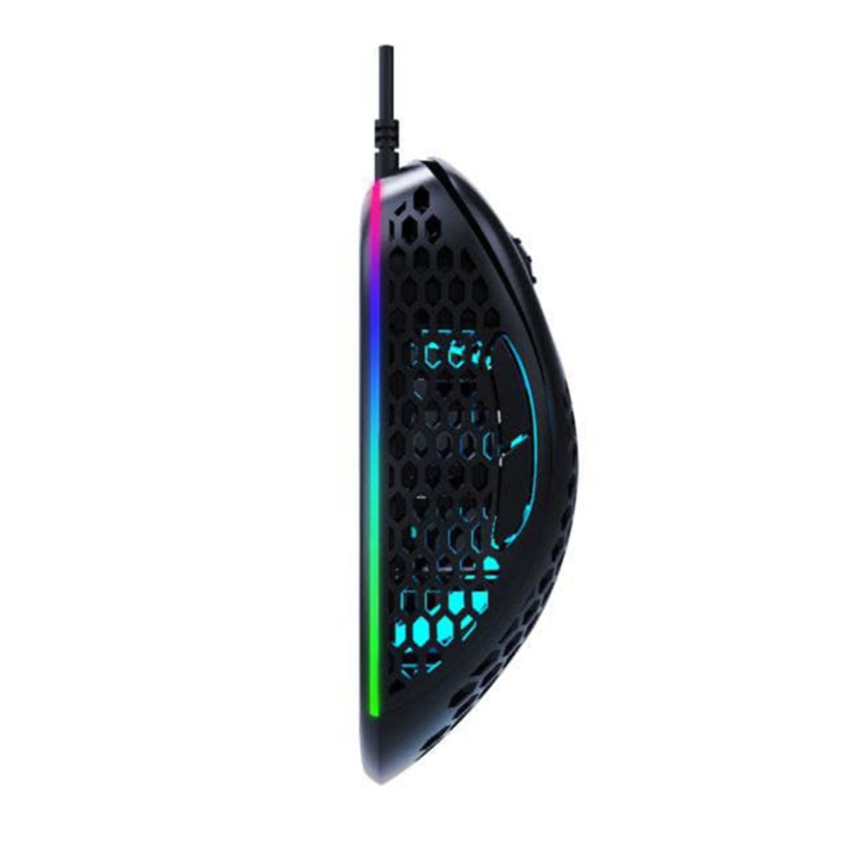 Ratón gaming negro con diseño de panal y iluminación RGB.