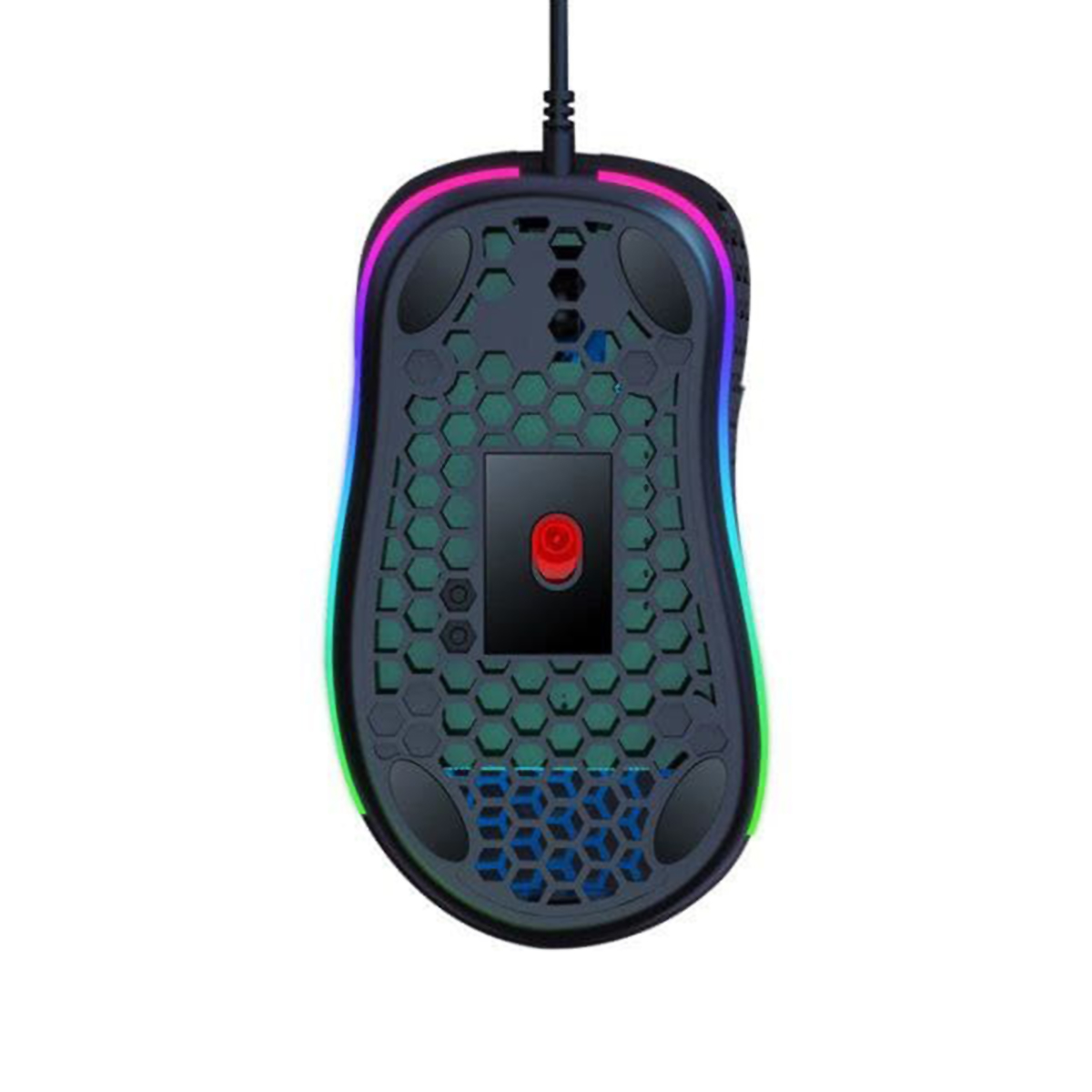 Ratón para juegos con luces RGB en los bordes y un botón rojo en la parte superior.