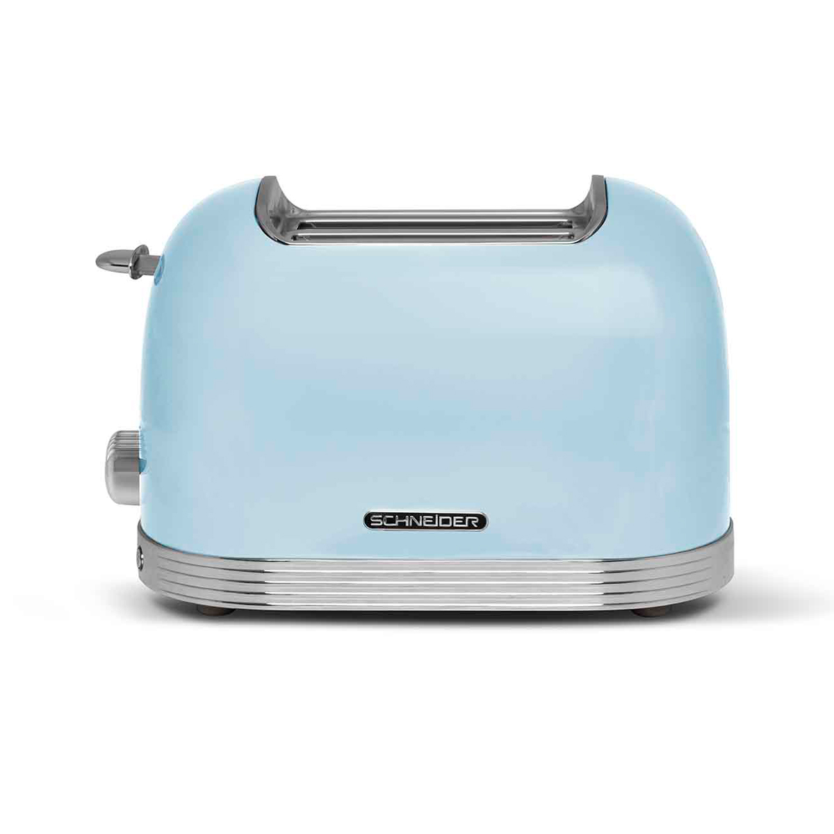 Blauer Toaster im Retro-Stil. Chromakzente, Marke Schneider, auf weißem Hintergrund.
