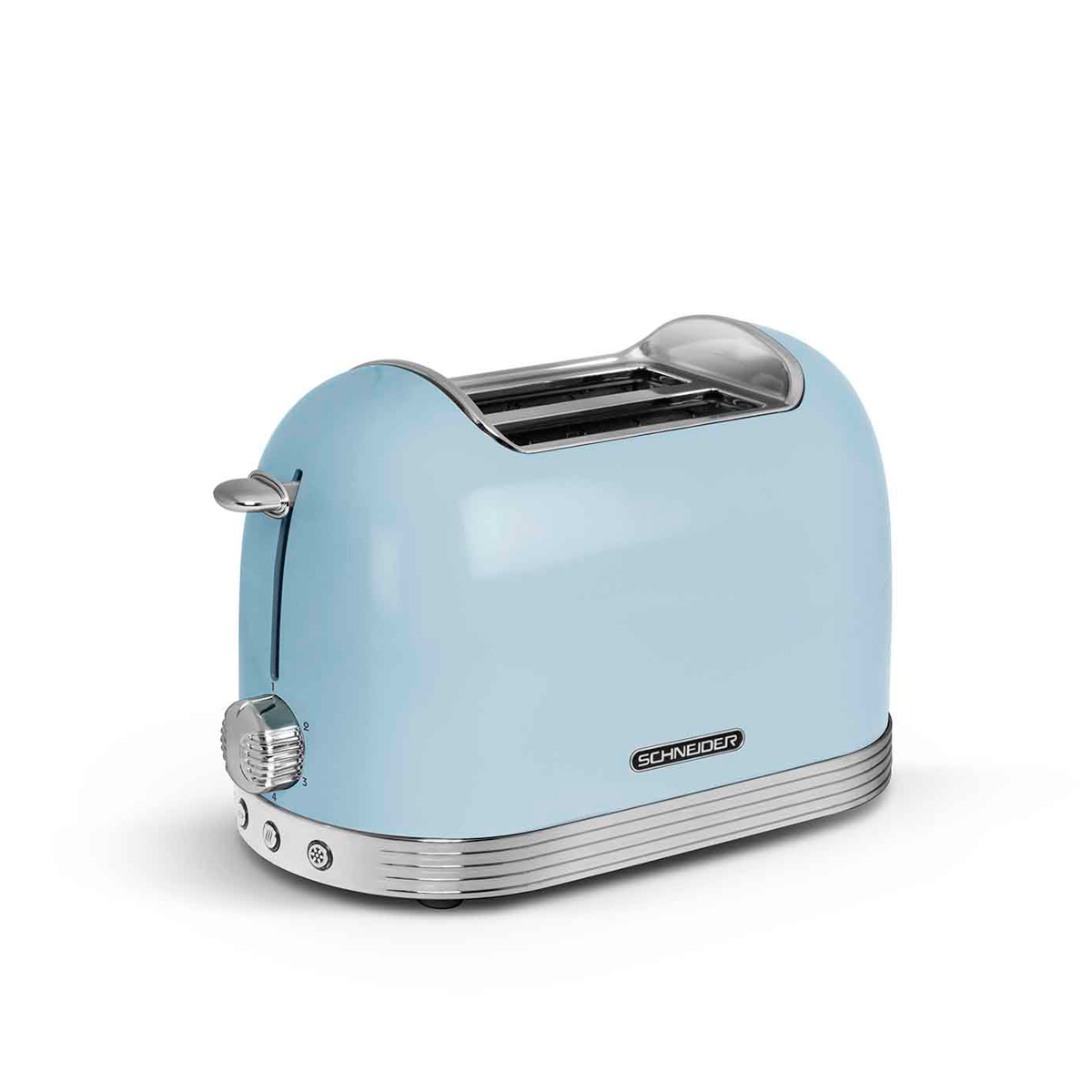 Hellblauer Toaster im Retro-Stil mit Chromakzenten und Bedienelementen. Weißer Hintergrund.