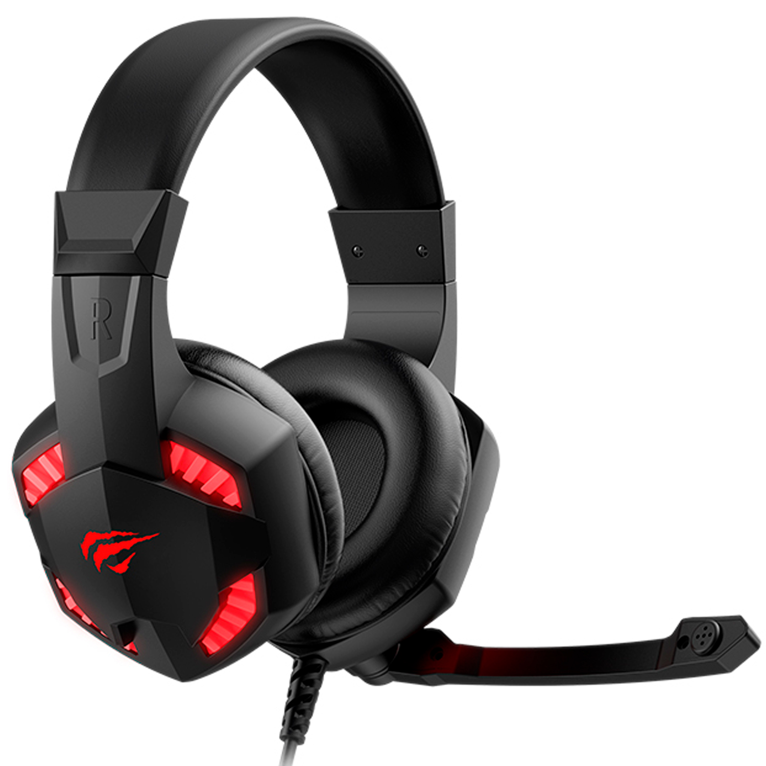 Auriculares para juegos negros con luces rojas. Tienen un micrófono adjunto y están sobre un fondo blanco.