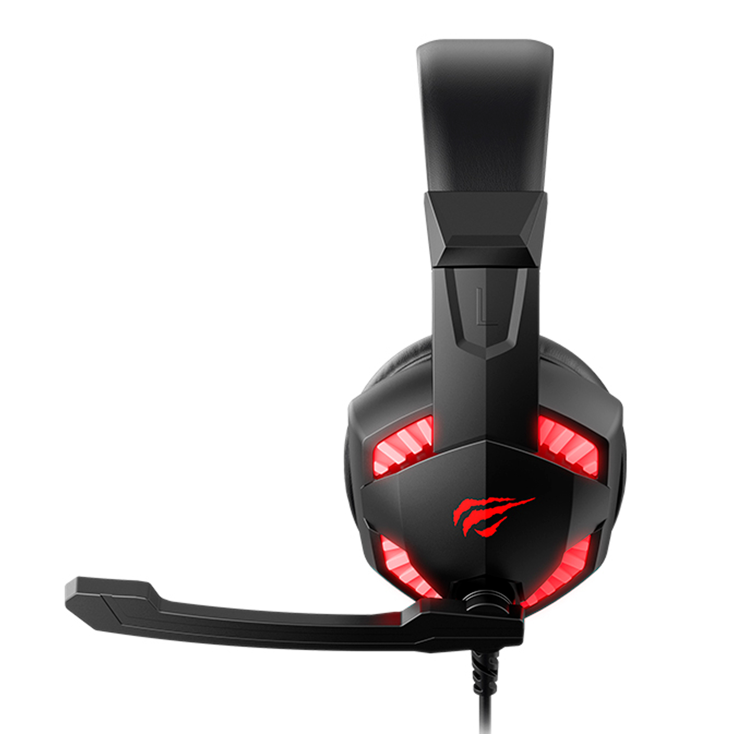 Auriculares gaming negros con luces rojas y micrófono, sobre fondo blanco.