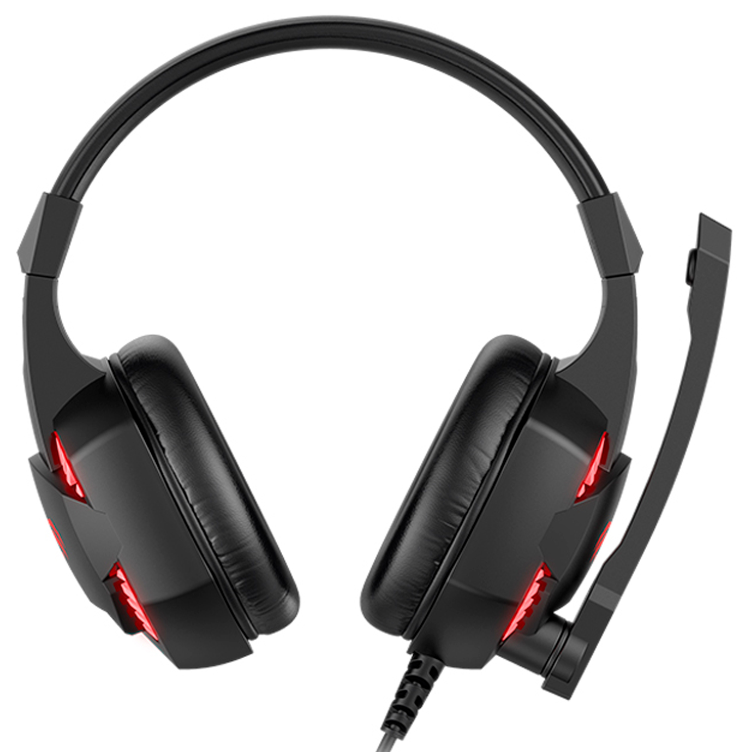 Auriculares para juegos negros con detalles rojos y micrófono flexible.