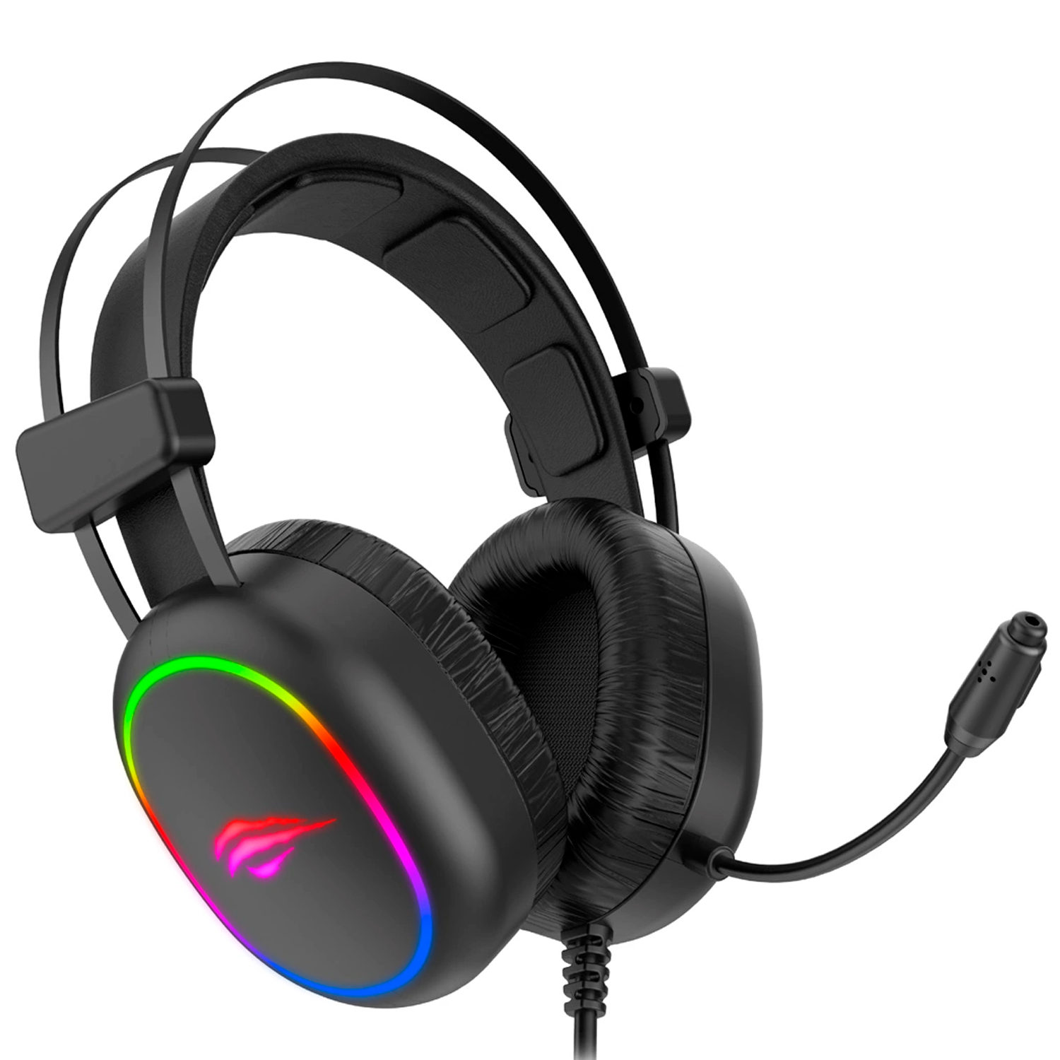 Czarne słuchawki dla graczy z kolorowymi światłami na nausznikach i mikrofonem.