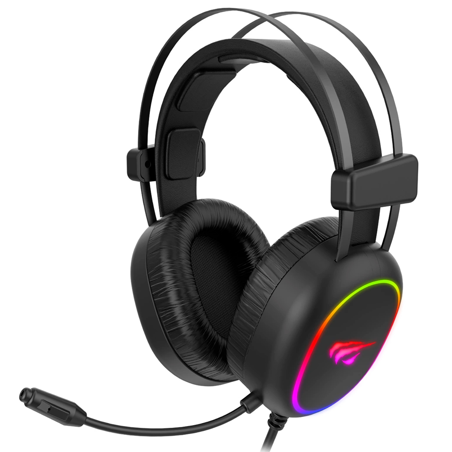 Czarny zestaw słuchawkowy dla graczy z mikrofonem i tęczowymi światłami.