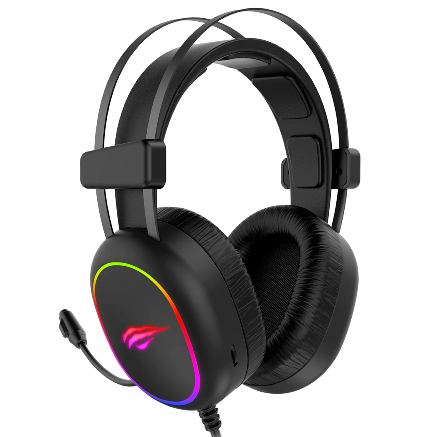 Czarny zestaw słuchawkowy dla graczy z mikrofonem i oświetleniem RGB wokół nauszników. Dołączony kabel.