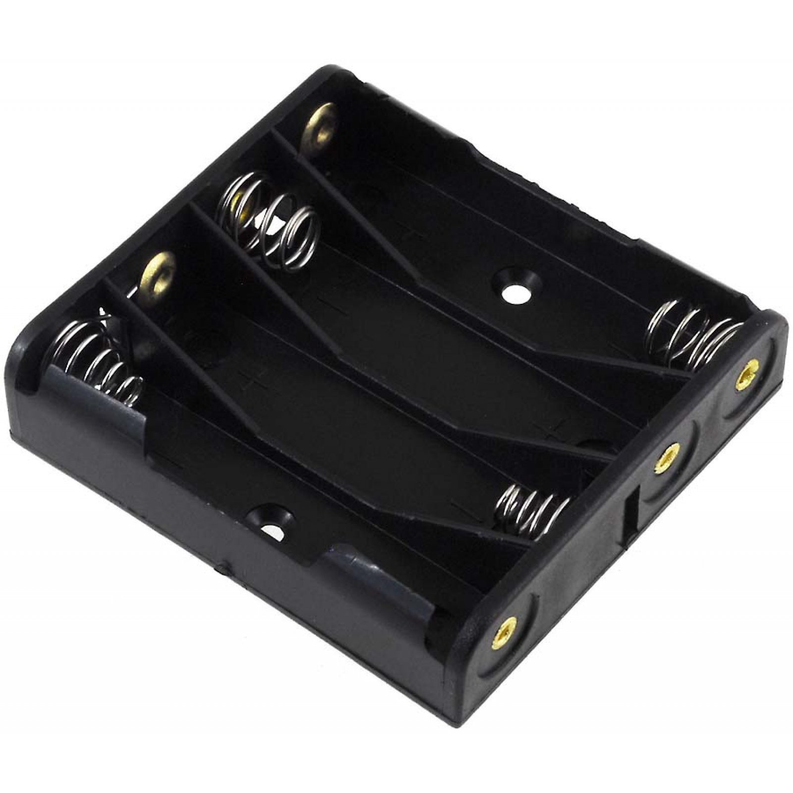 Soporte de batería de plástico negro para cuatro pilas AA con resortes metálicos.