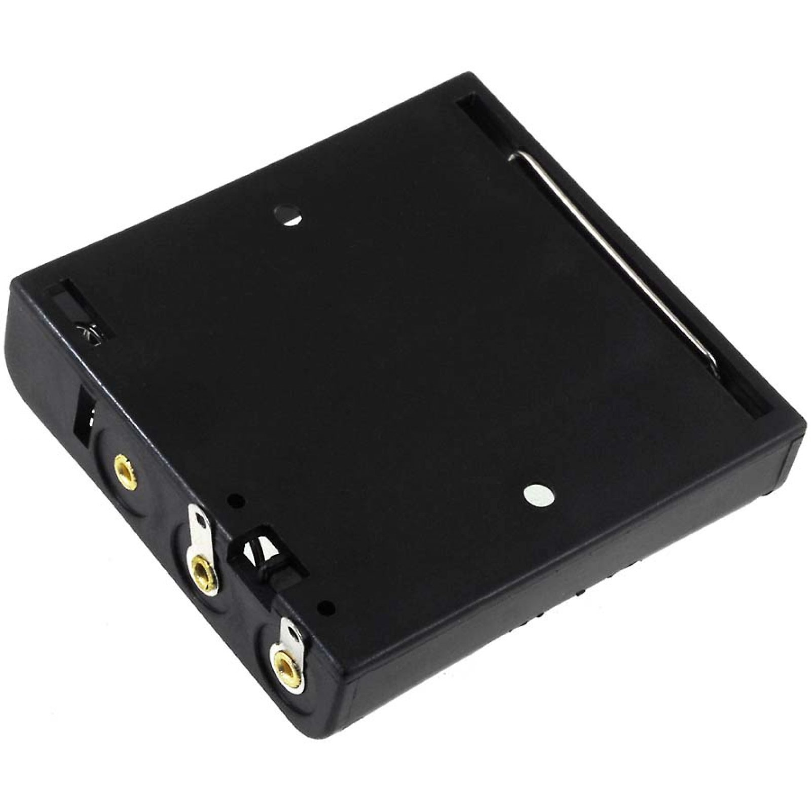 Componente electrónico negro. Conectores dorados, pieza metálica y orificios de montaje.