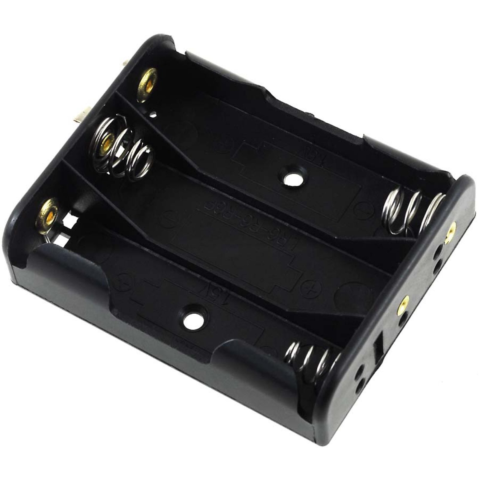 Portapilas negro con tres compartimentos. Contiene conectores dorados y resortes metálicos.