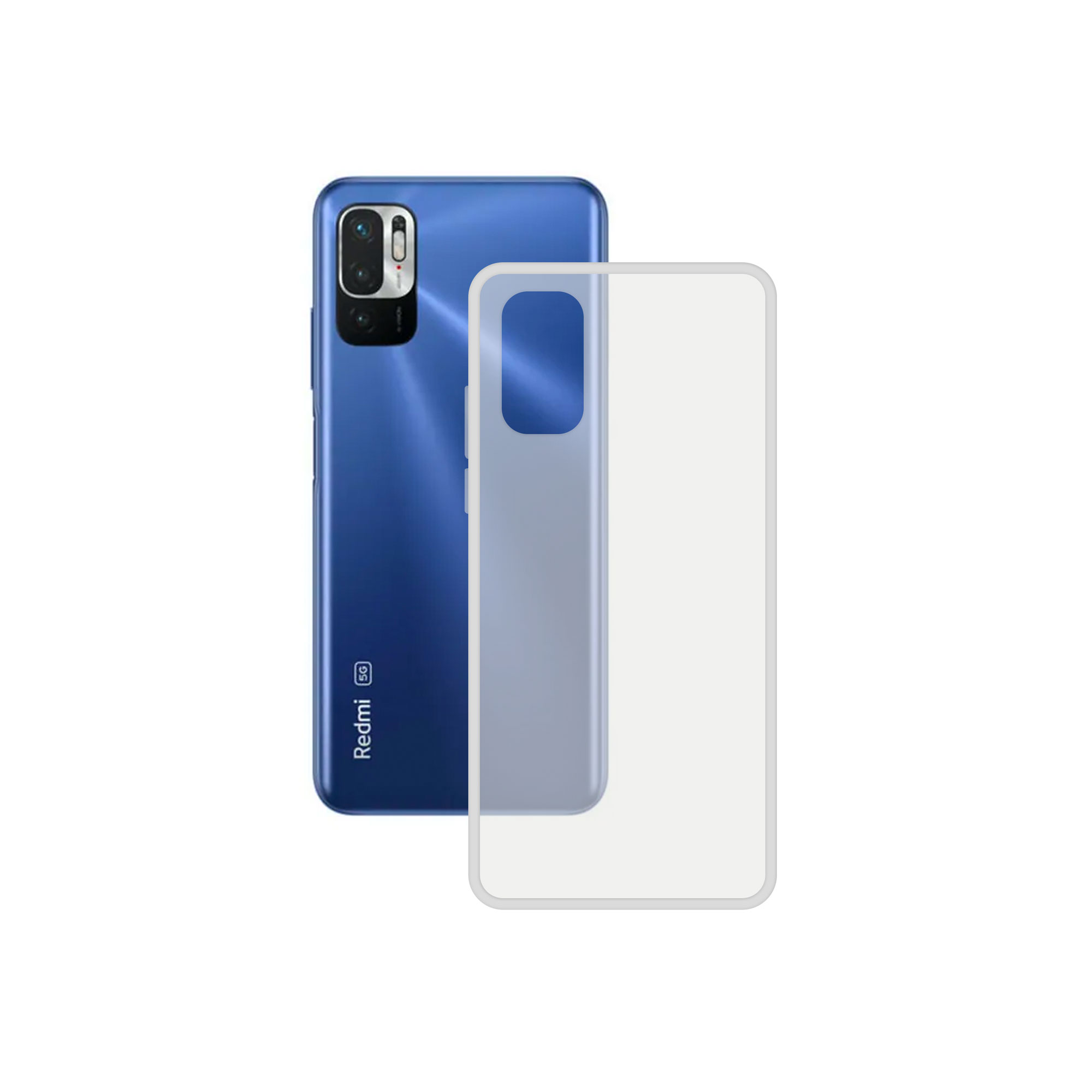 Teléfono azul con una funda transparente. El teléfono está a la izquierda, la funda a la derecha.