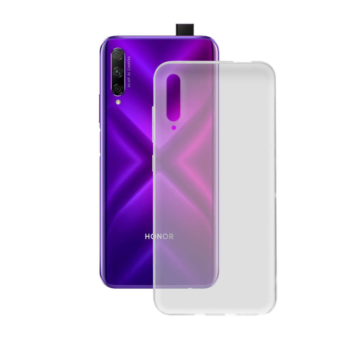 Telefono viola con una protezione accanto. Il telefono ha una configurazione a tripla fotocamera.