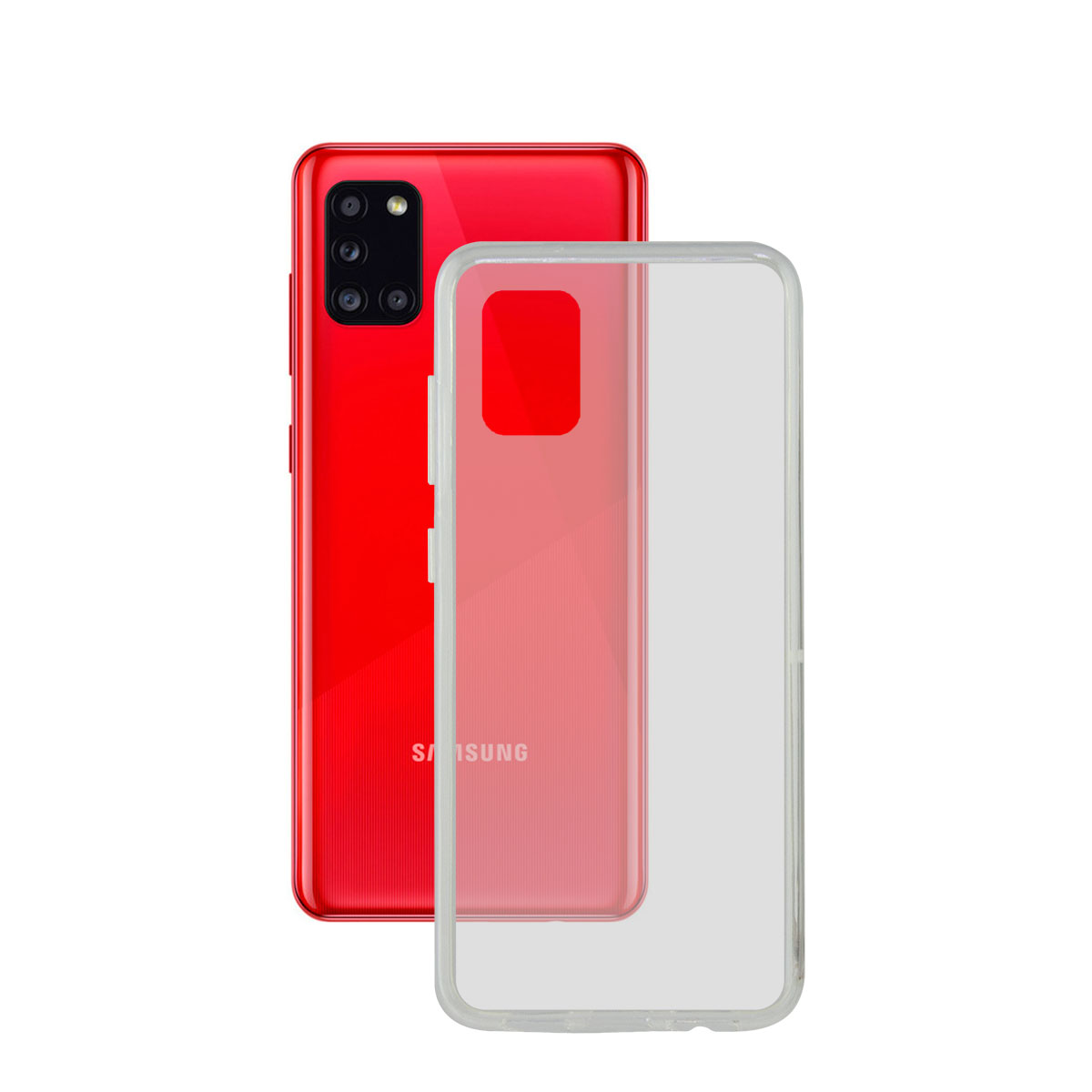 Uno smartphone rosso con una custodia trasparente sopra, che mostra il retro e la custodia.