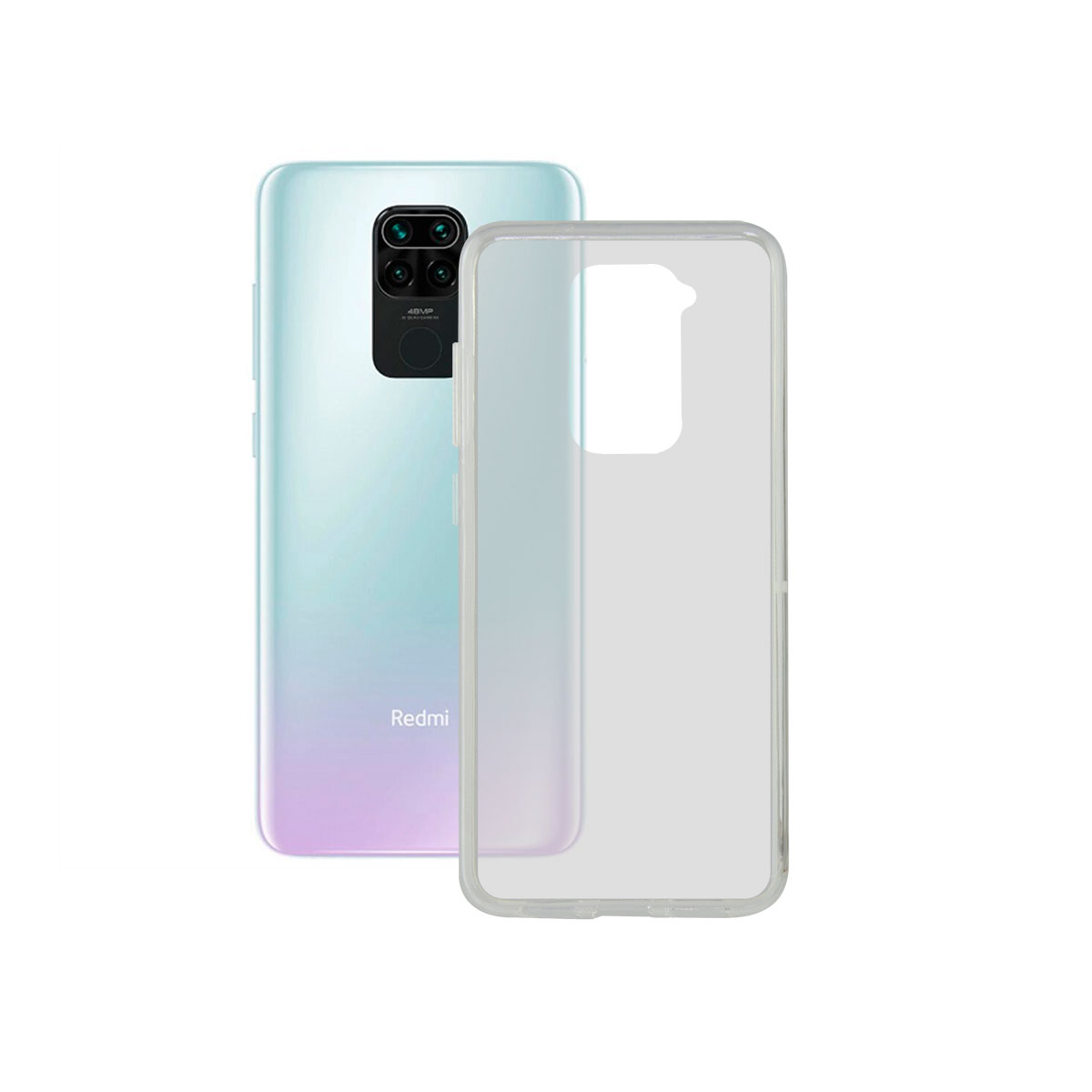 Un telefono Redmi accanto a una custodia trasparente. Entrambi sono su sfondo bianco.