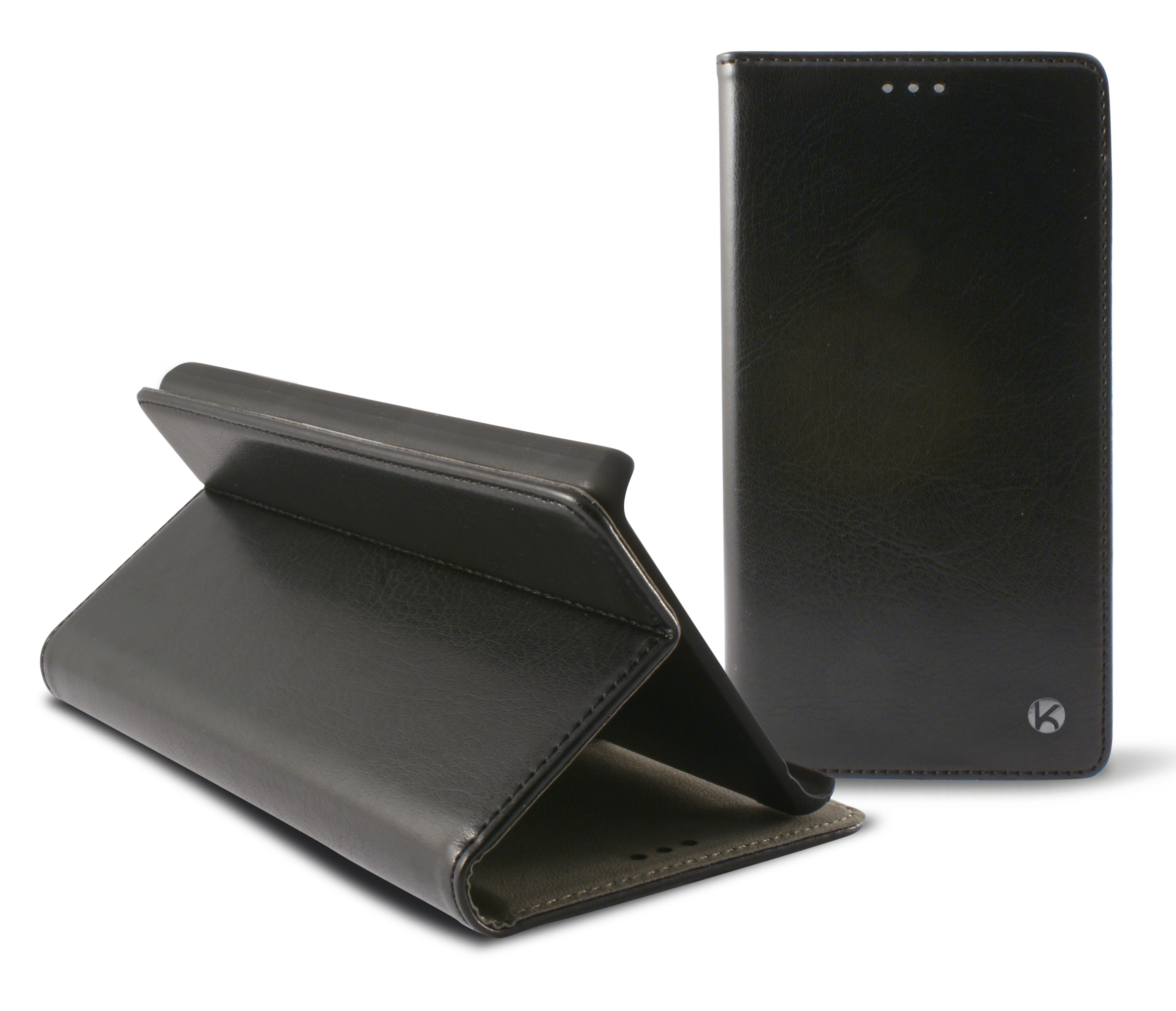 Una funda de teléfono de cuero negro, una abierta, otra cerrada, sobre fondo blanco.