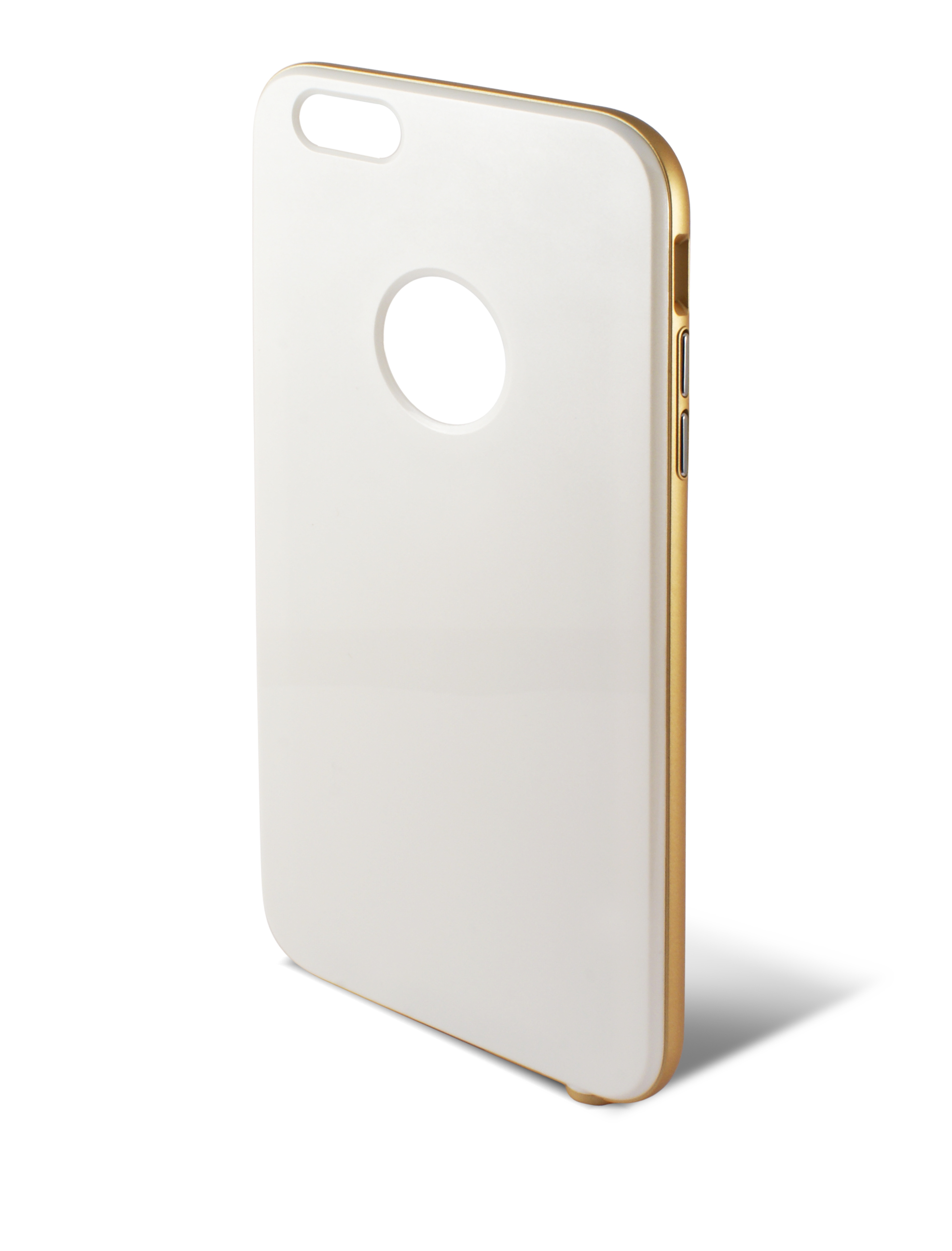 Funda de teléfono blanca con borde dorado, vista en ángulo, aislada sobre blanco.