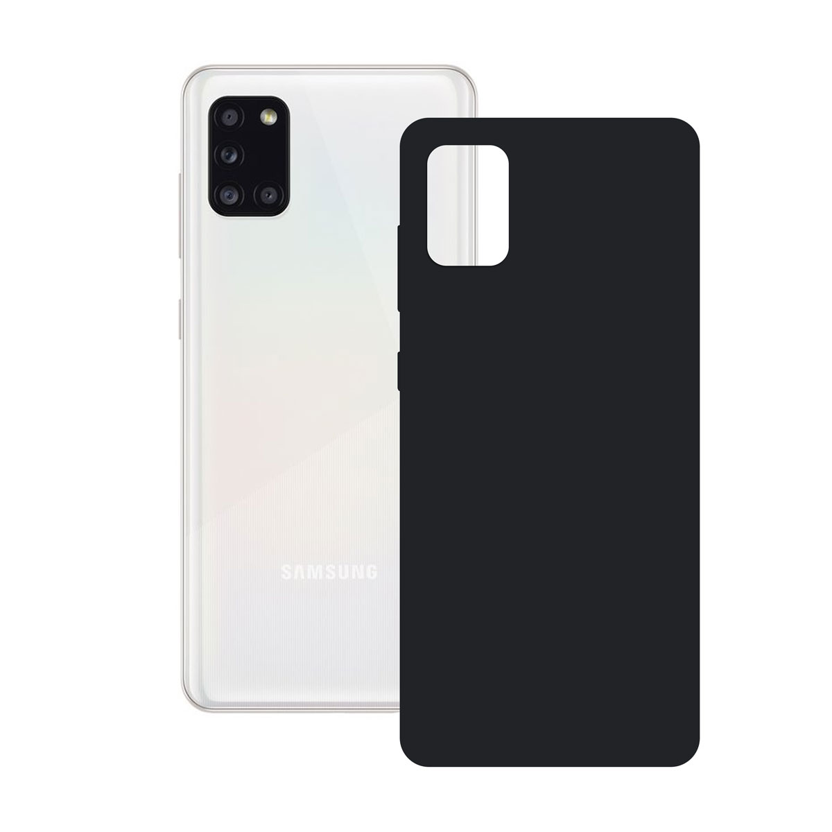 Retro del telefono bianco con custodia nera. Obiettivi della fotocamera visibili. Sfondo bianco.