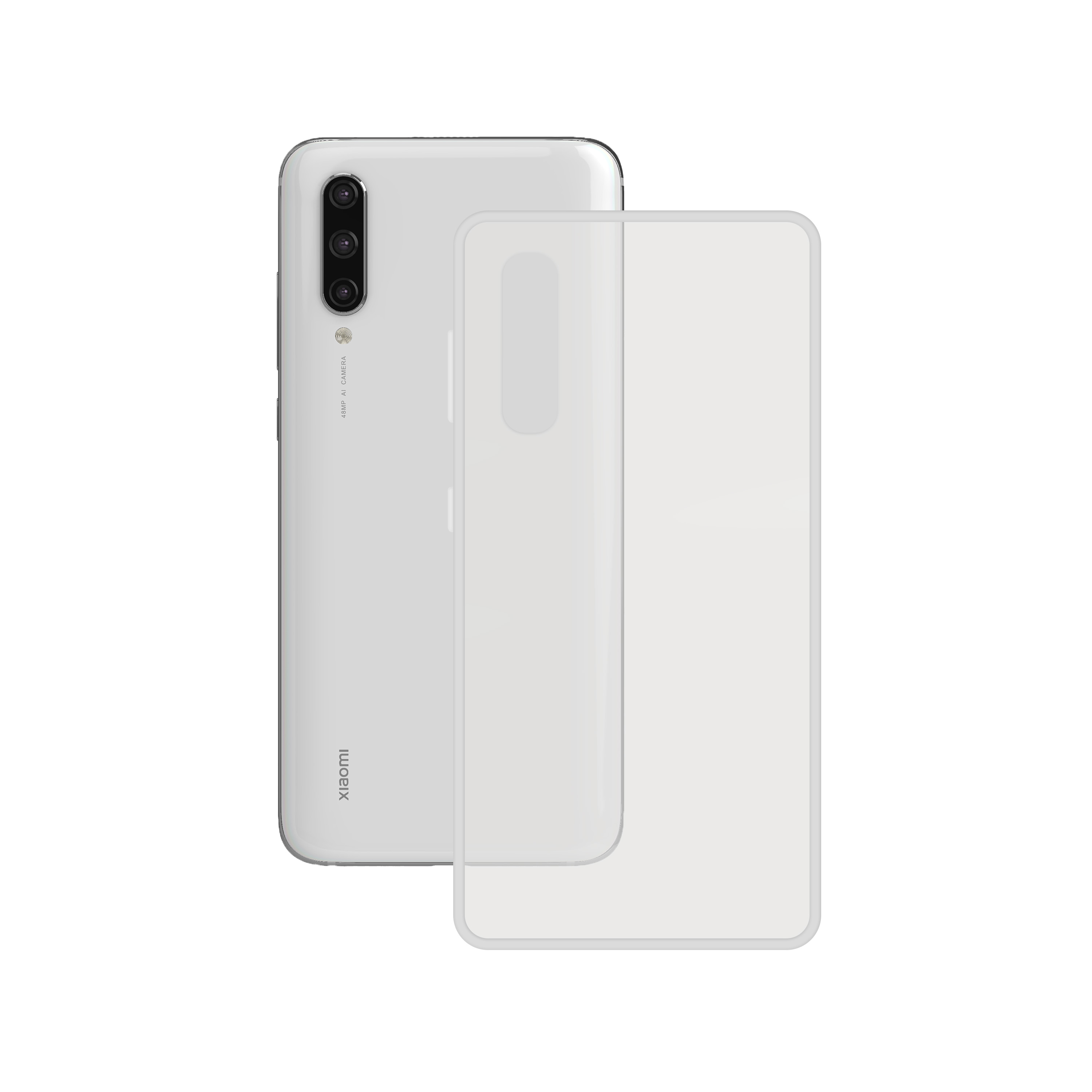 Telefono Xiaomi bianco con protezione schermo su sfondo bianco.