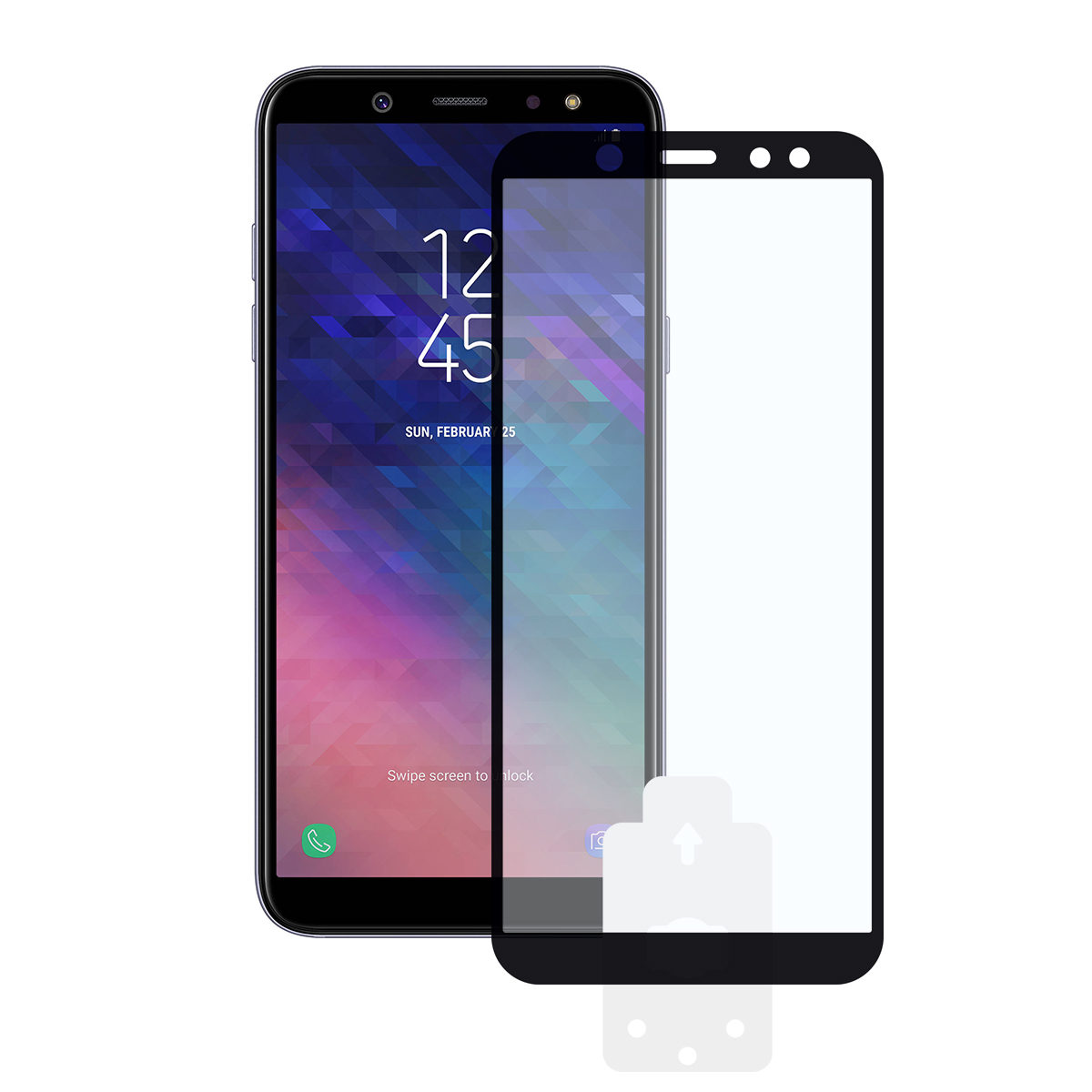 Czarny smartfon z ochraniaczem ekranu. Telefon pokazuje godzinę i monit przesuwania.