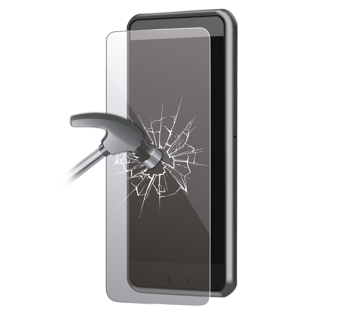 Smartfon z pękniętym ekranem. Młotek ma uderzyć w osłonę ekranu.