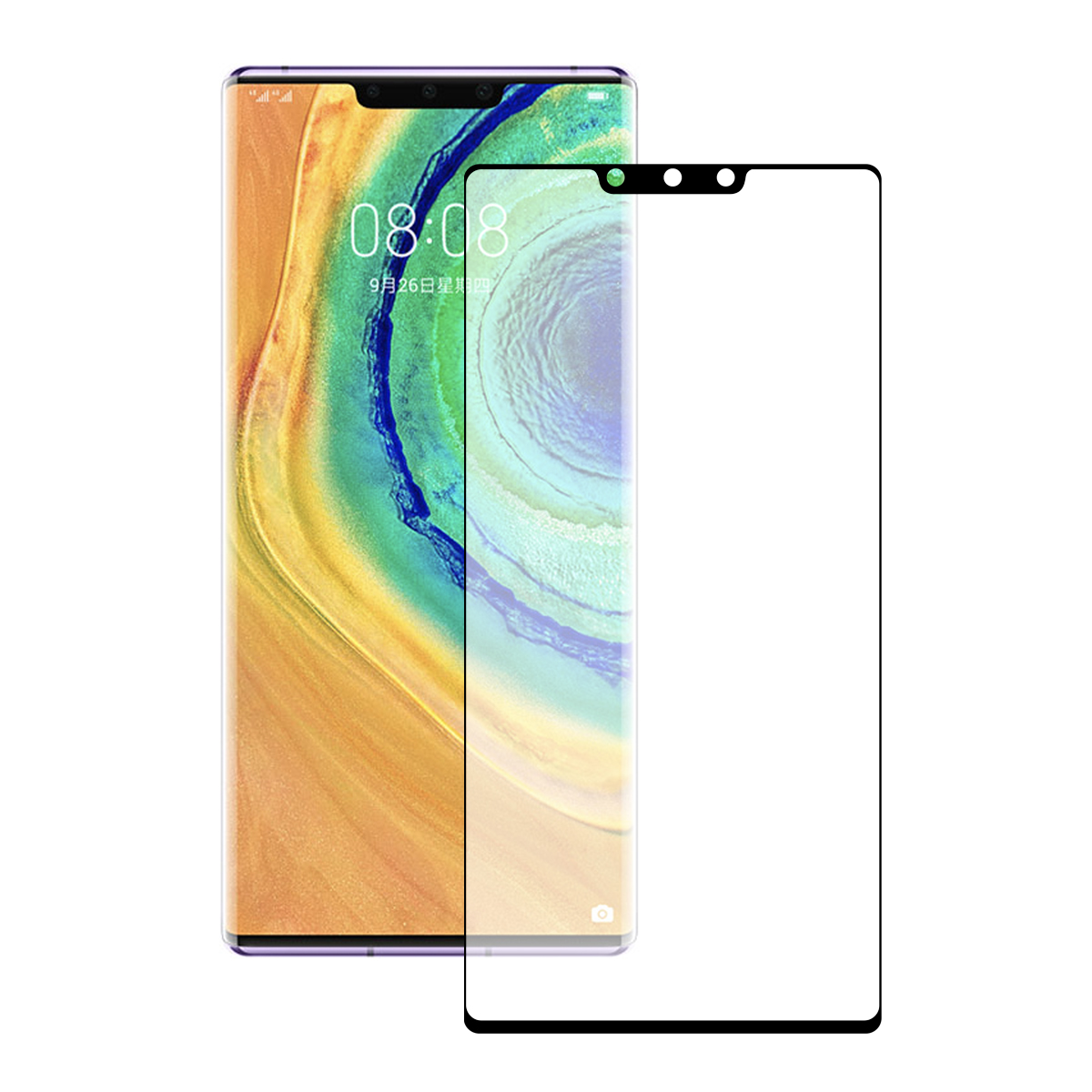 Telefono e protezione schermo. Il telefono è nero e ha una protezione schermo.