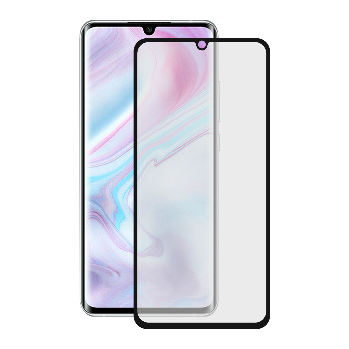 Smartphone accanto a protezione schermo. Il telefono ha schermo e fotocamera.