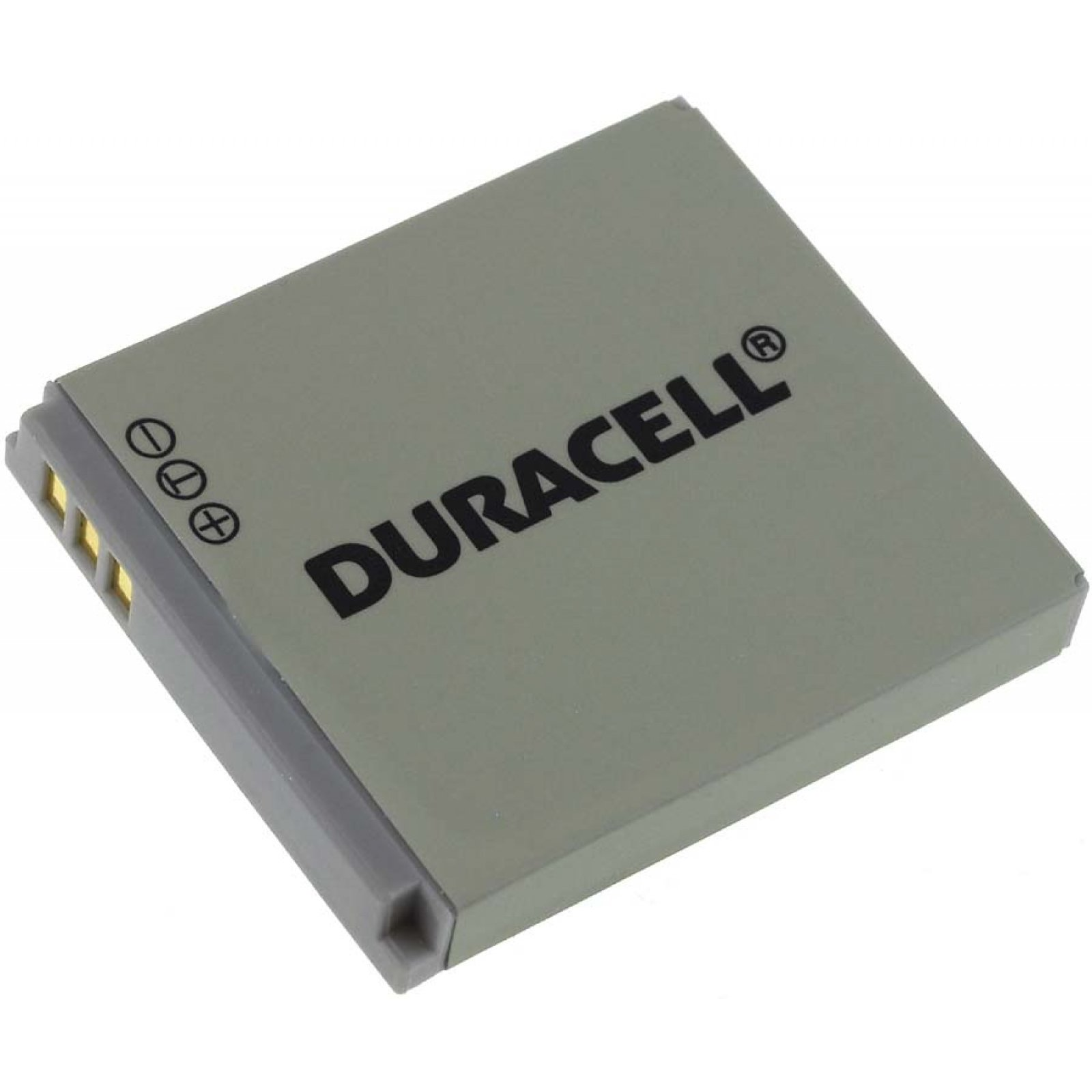 Una pequeña batería gris Duracell con el nombre de la marca en letras negras, sobre un fondo blanco.