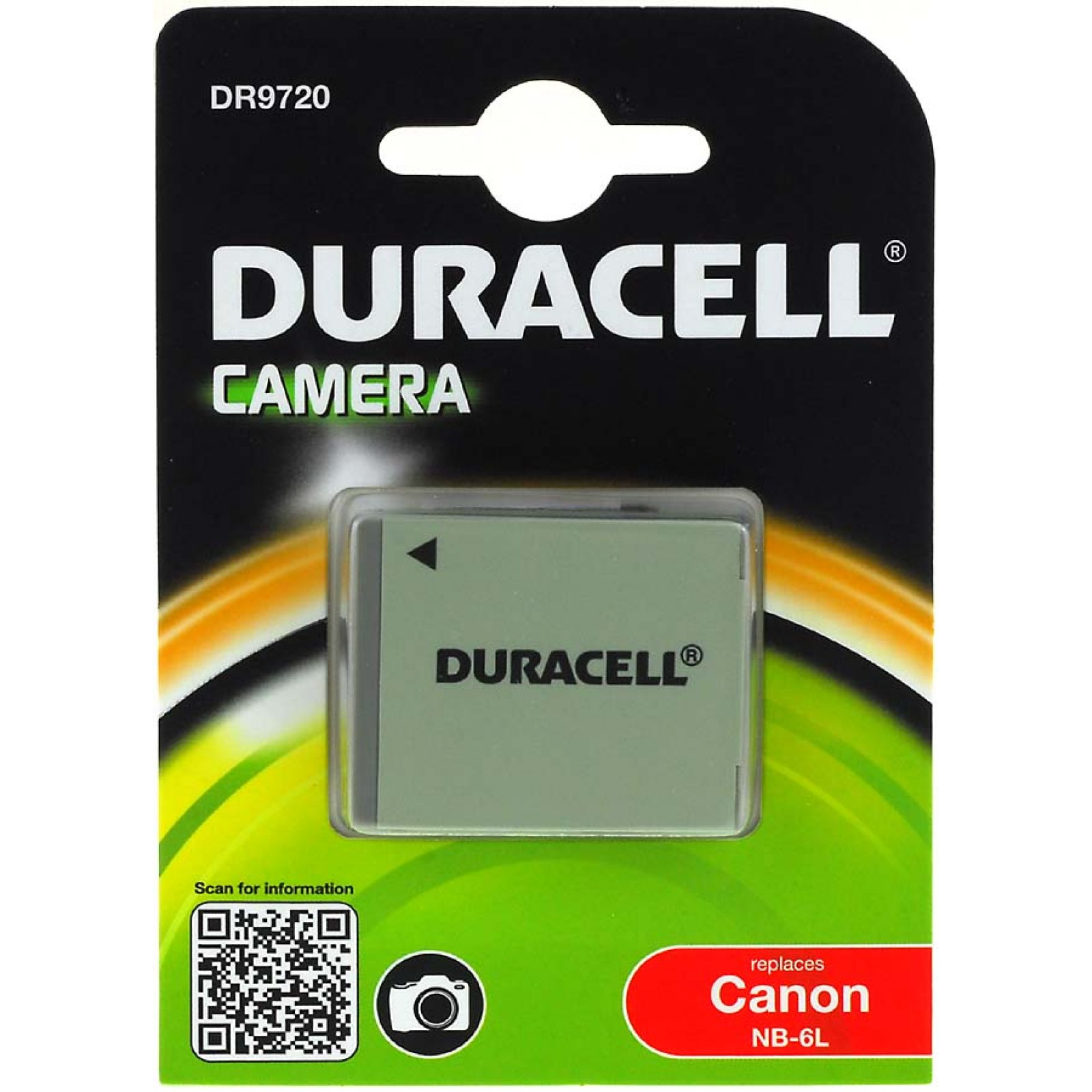 Paquete de batería Duracell Camera sobre fondo blanco.