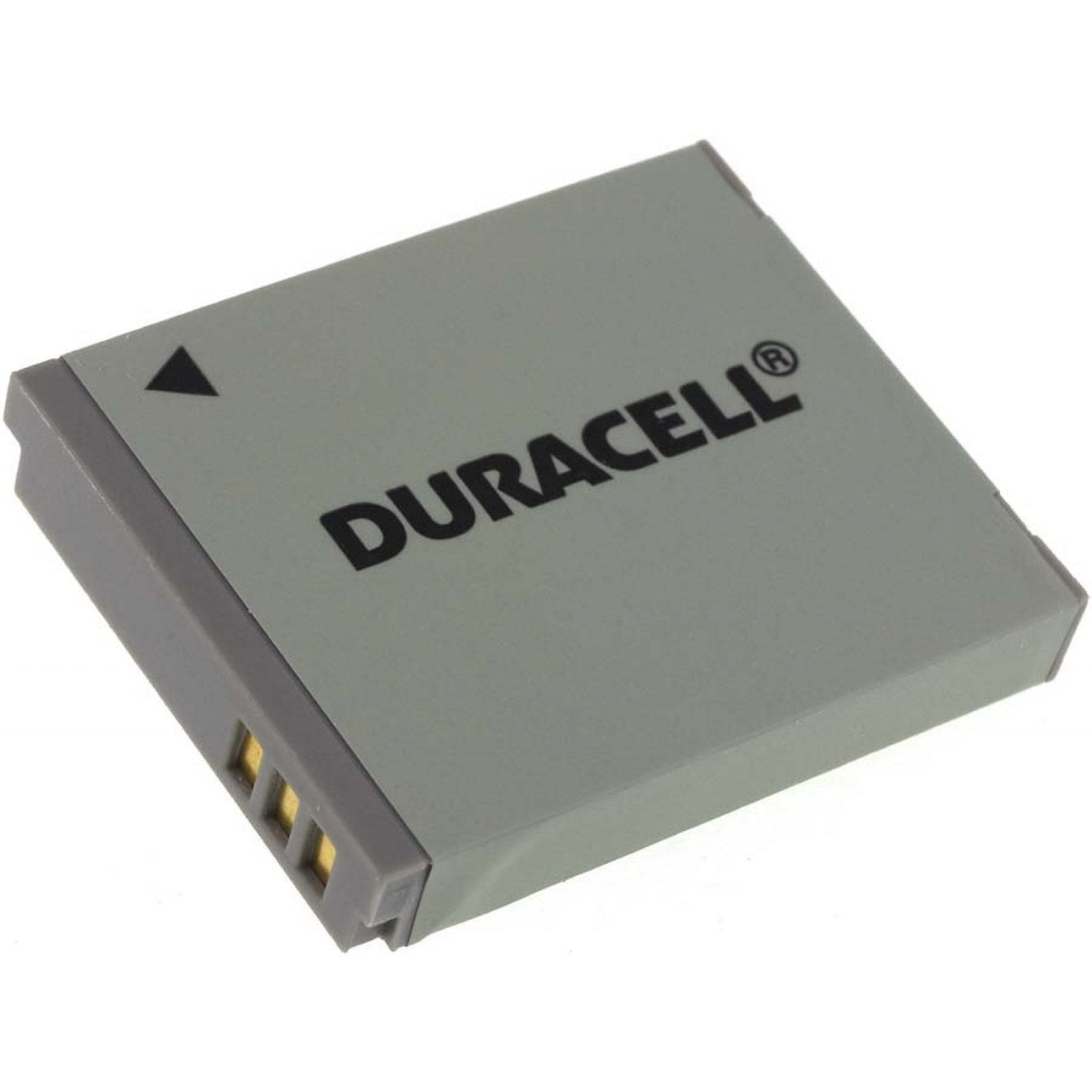 Pila Duracell gris. Triángulo negro, cuerpo gris, contactos dorados.