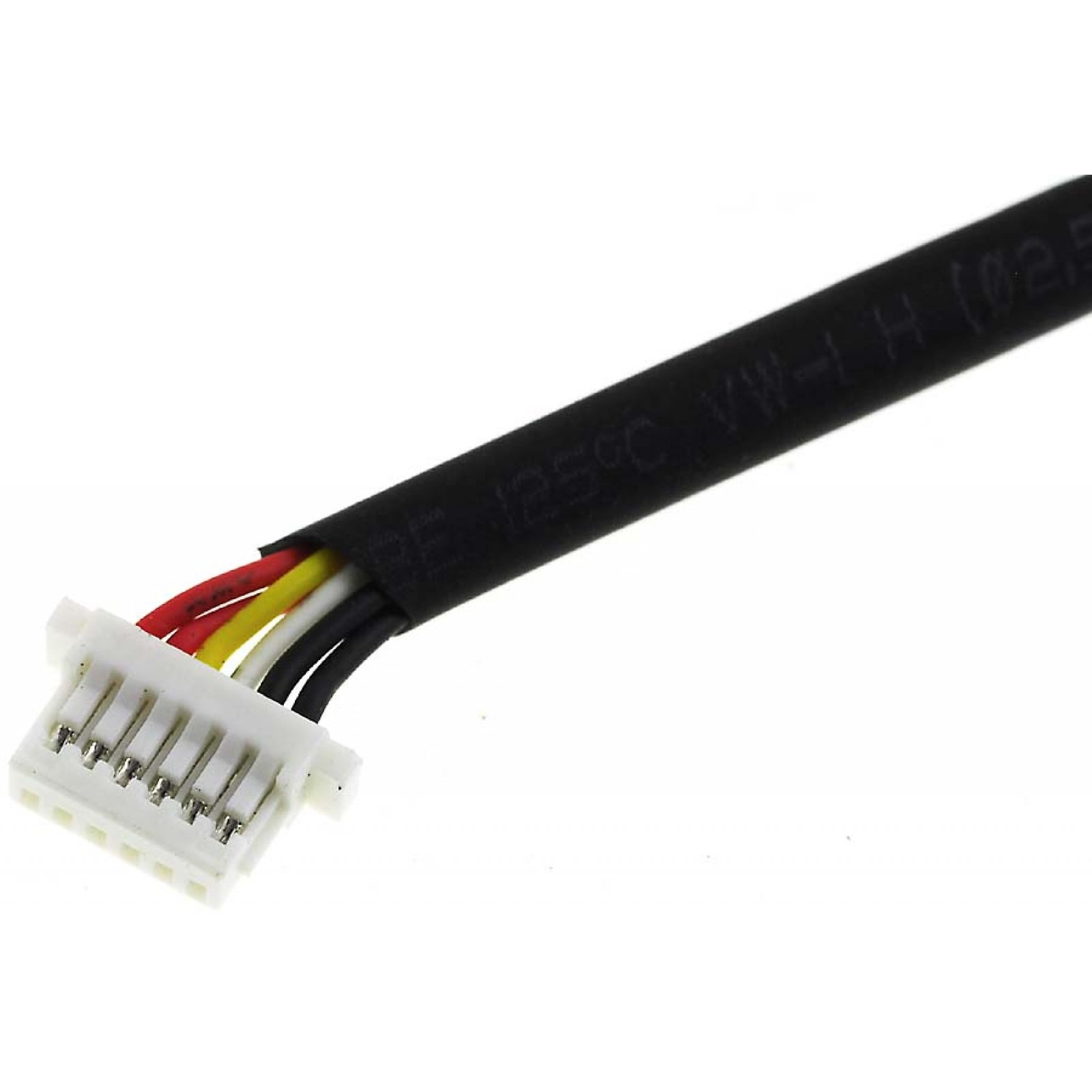 Conector blanco con múltiples cables de colores, cable aislado negro.