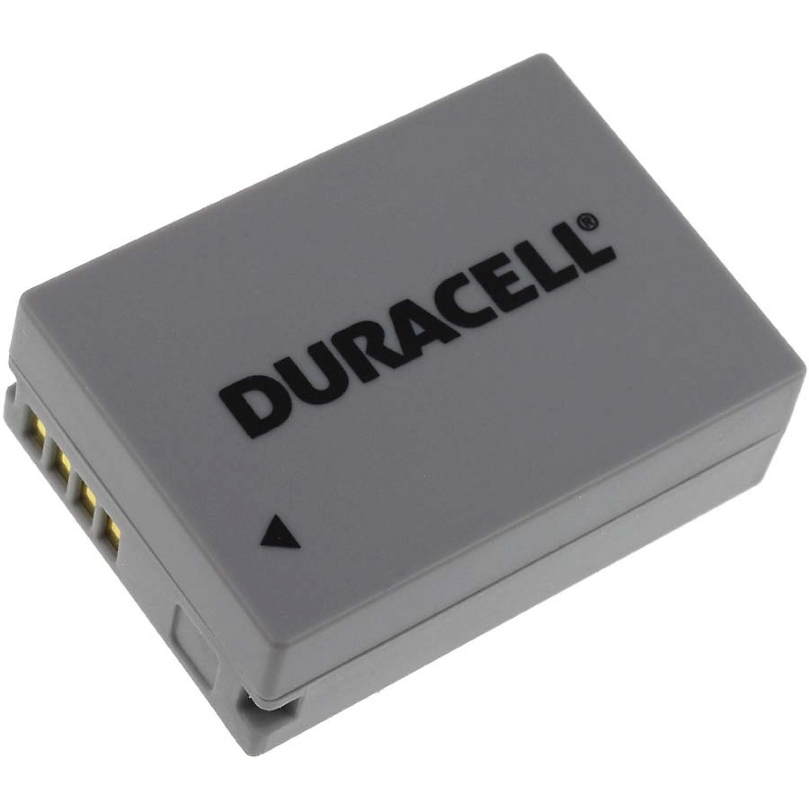 Una batería gris Duracell. Es rectangular, con el logotipo de Duracell y un triángulo.