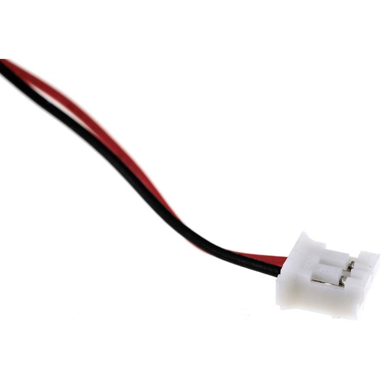 Un conector blanco con cables rojo y negro adjuntos.