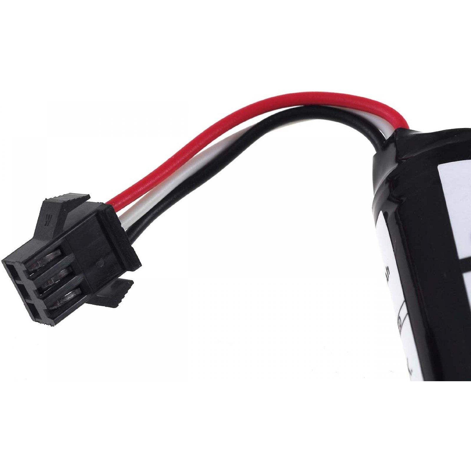 Primer plano de un conector de batería con cables rojo, blanco y negro, y un conector de plástico negro.