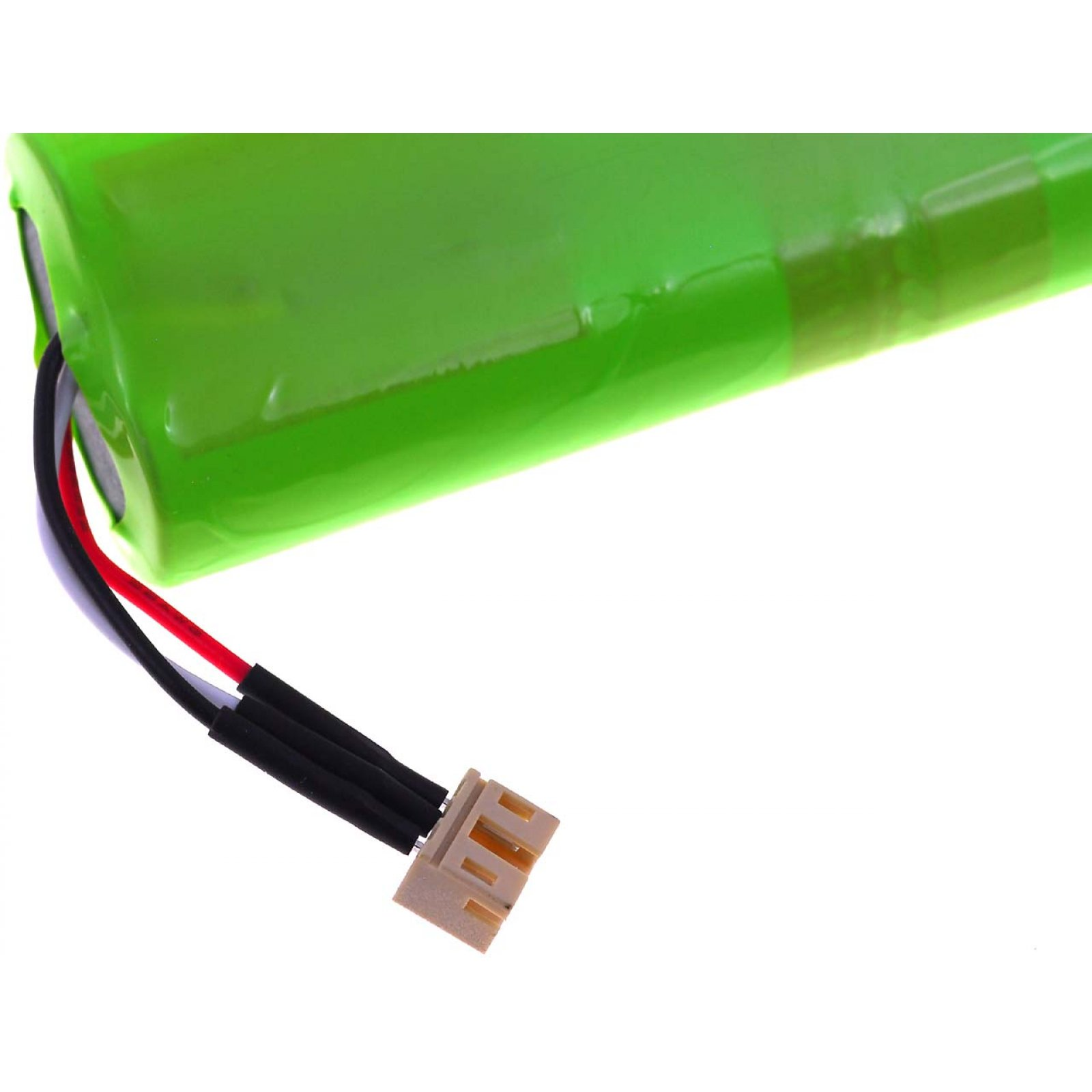 Batería verde con cables negro y rojo conectados a un conector blanco.