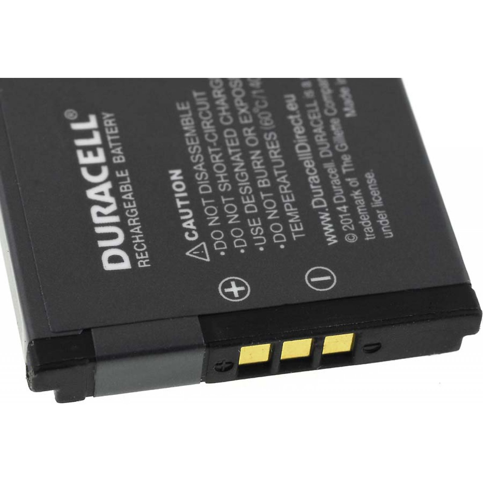 Una batería recargable Duracell negra con información de seguridad.