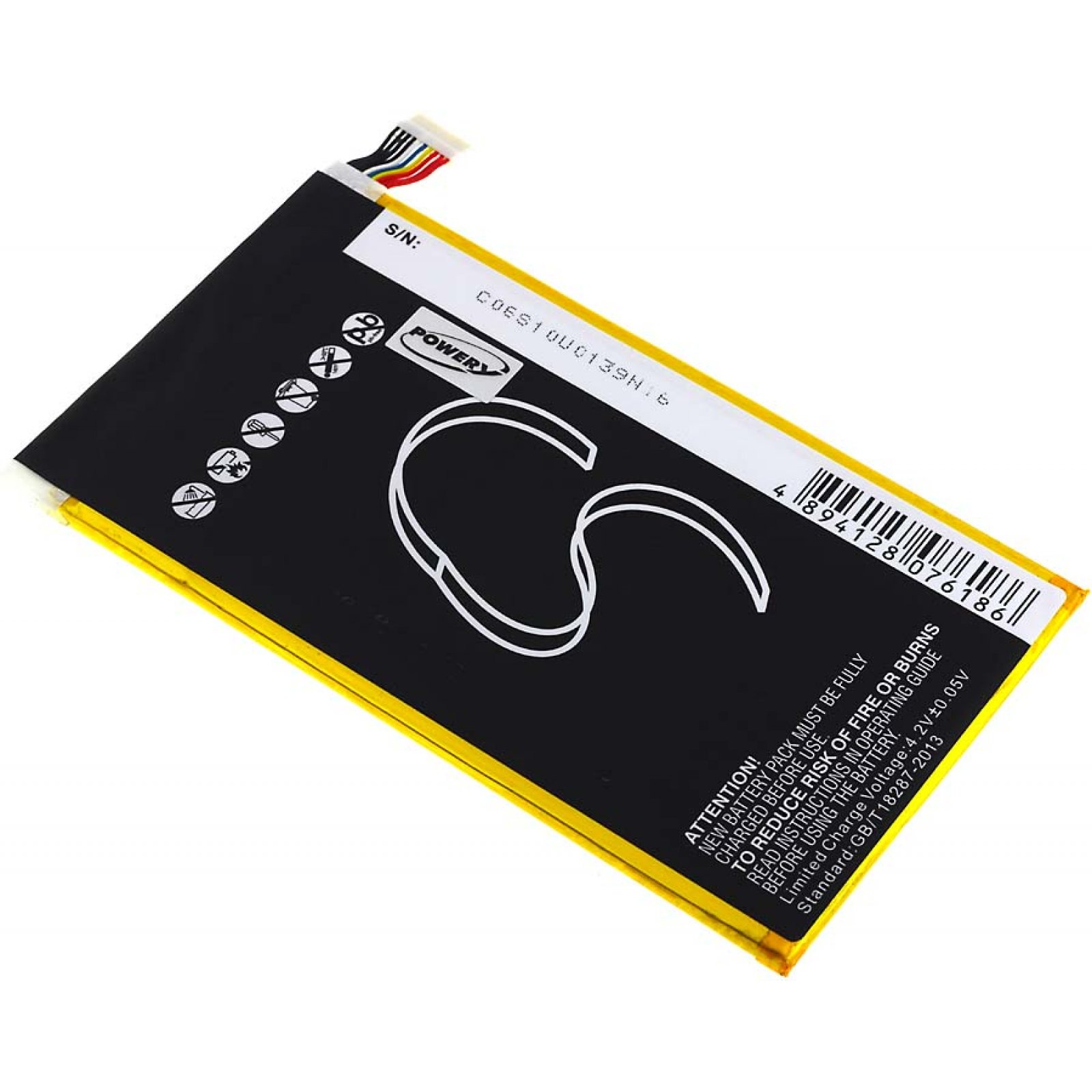 Batería de teléfono amarilla y negra con una etiqueta blanca con información.