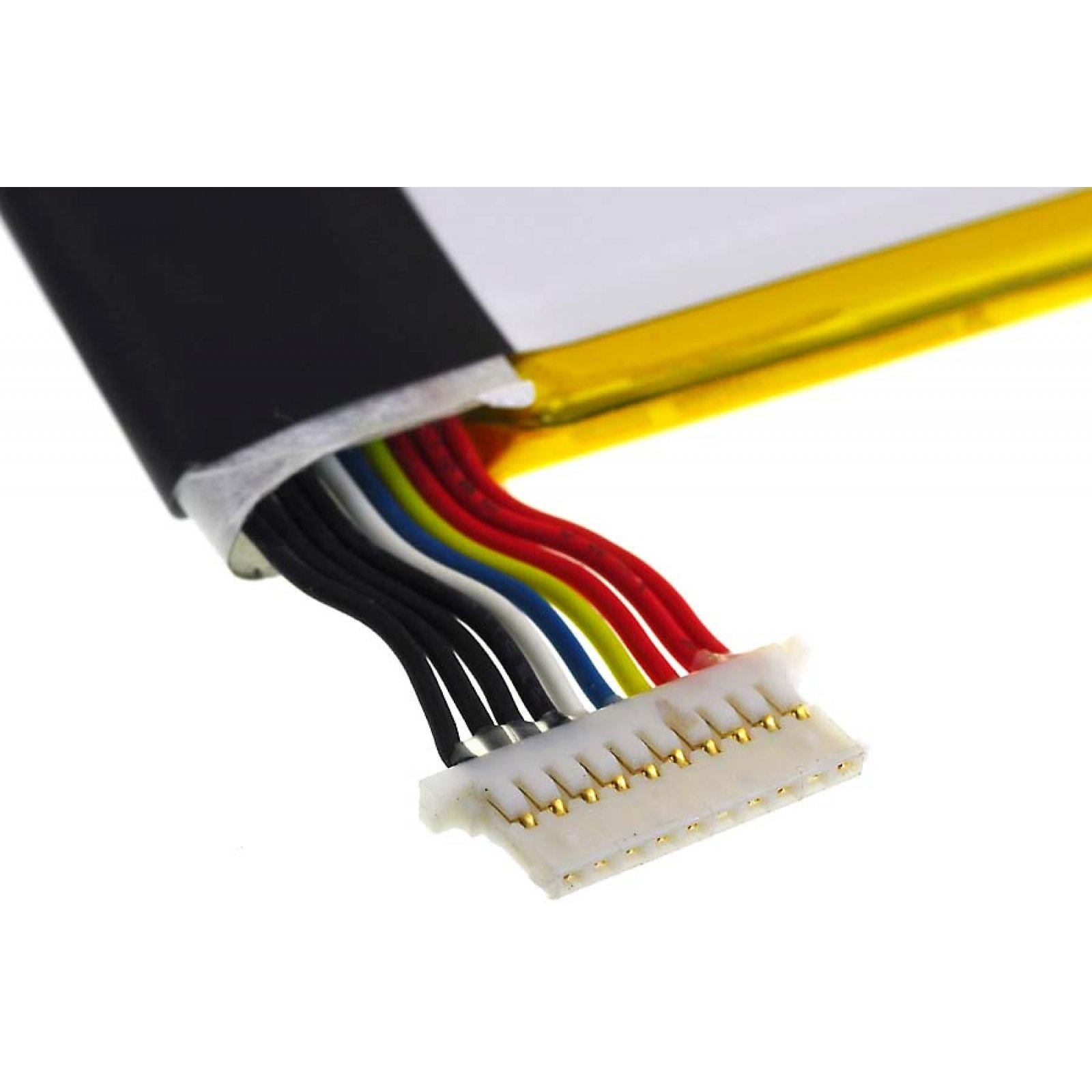 Cable de batería plano con varios cables de colores y un conector blanco al final.