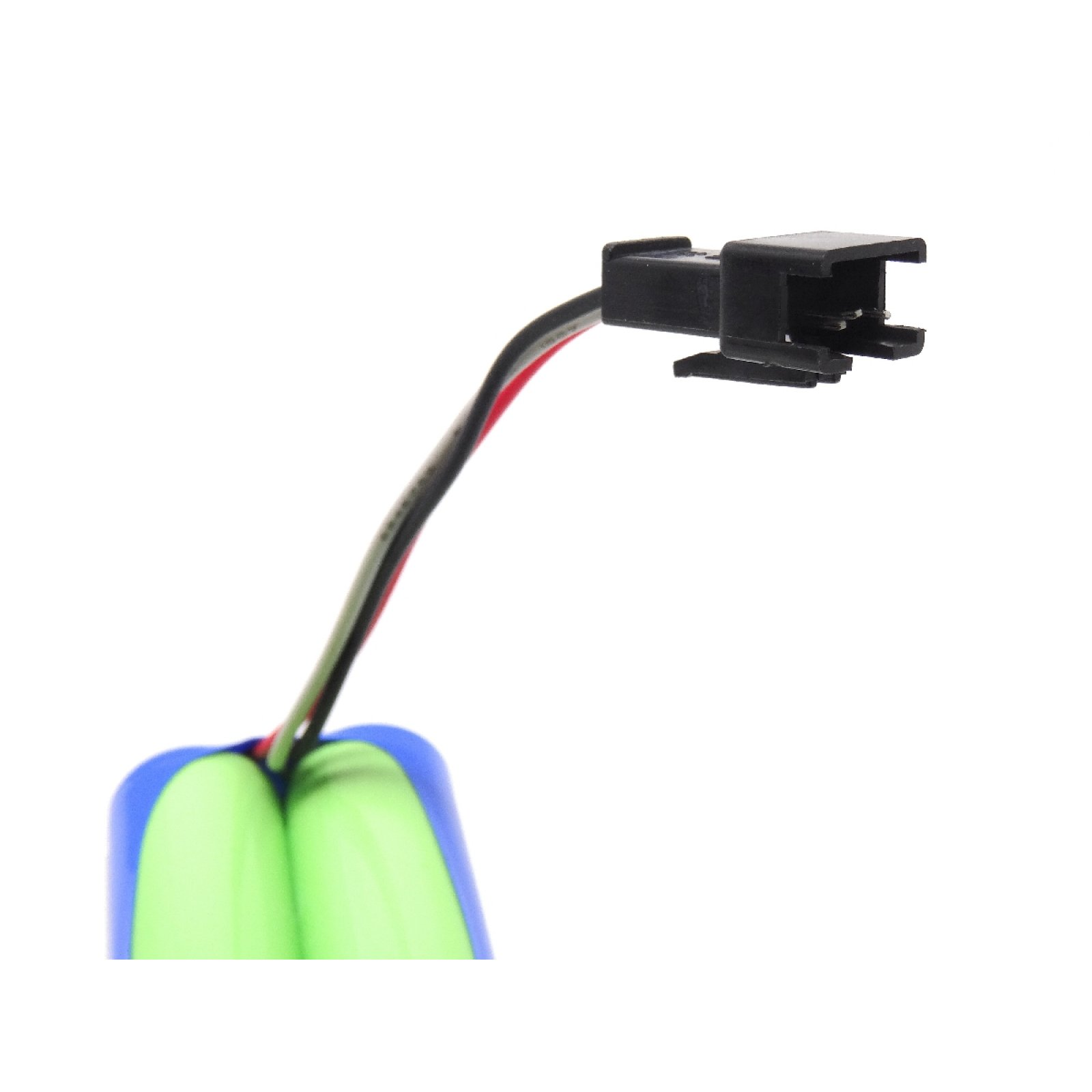 Un conector negro con cables. Los cables son rojo, negro y blanco. Fondo blanco.