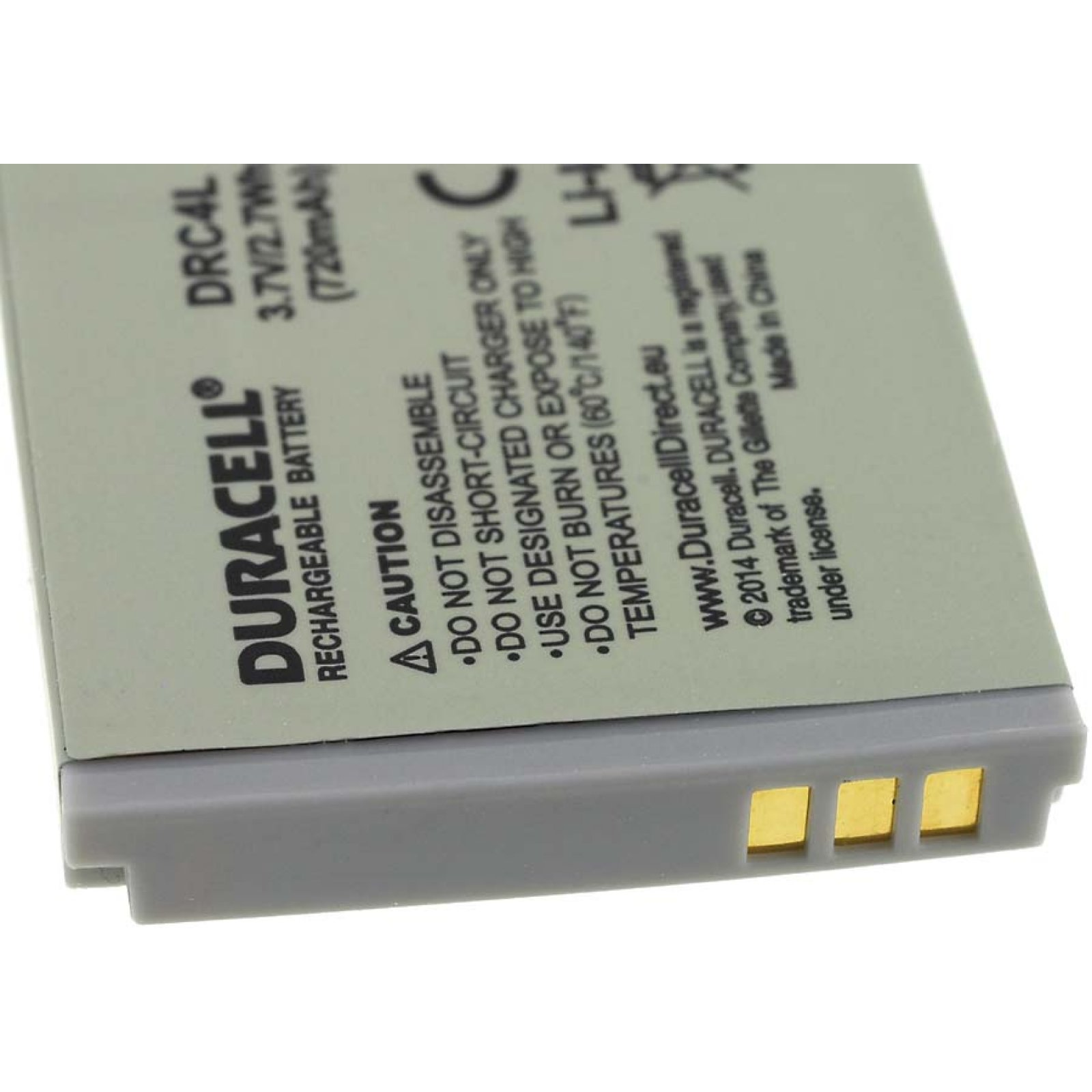 Una batería recargable Duracell con contactos dorados en la parte inferior. Colores gris y negro.