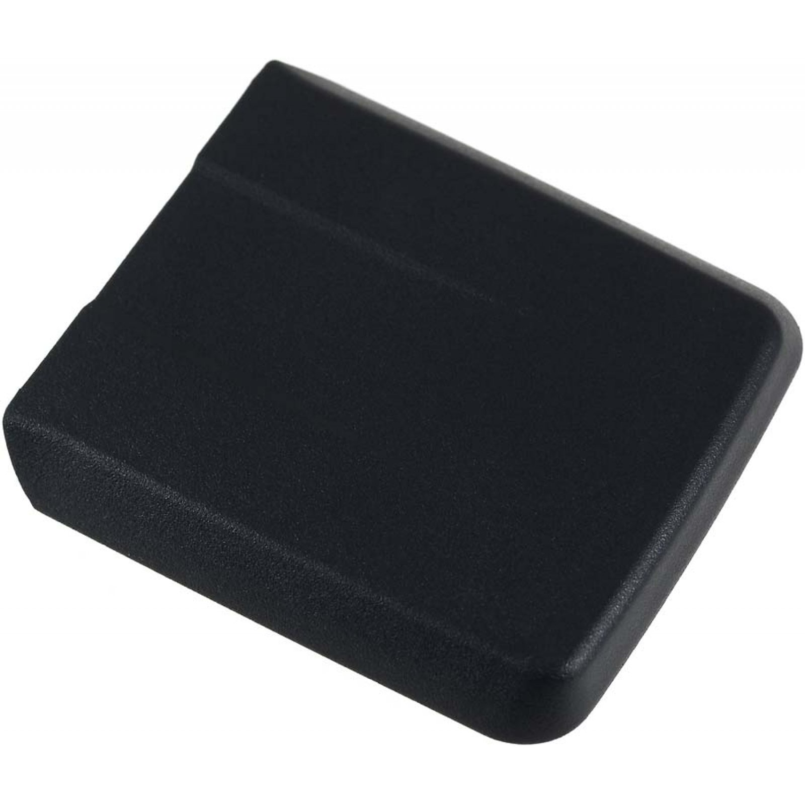 Caja negra rectangular con esquinas redondeadas, ligeramente inclinada hacia arriba, superficie lisa.